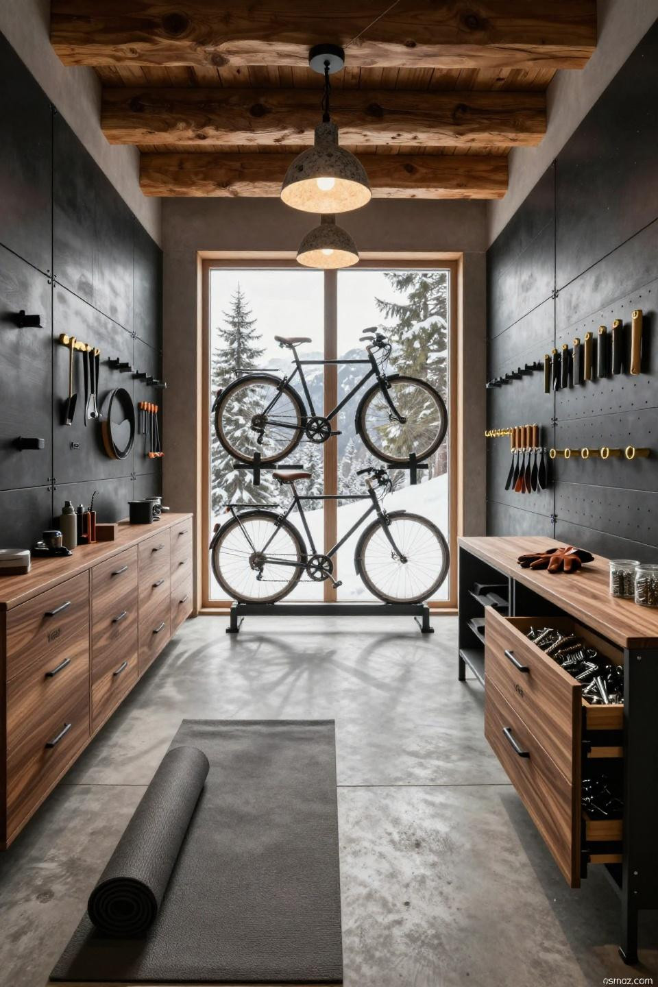 Two car garage organization with vertical bike rack and modular walnut drawers