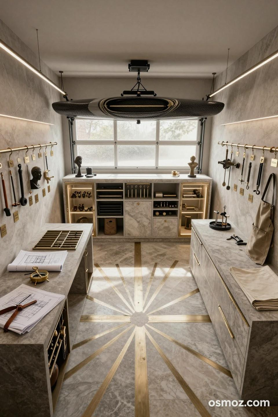 Tool wall storage with brushed nickel track system and geometric chevron flooring
