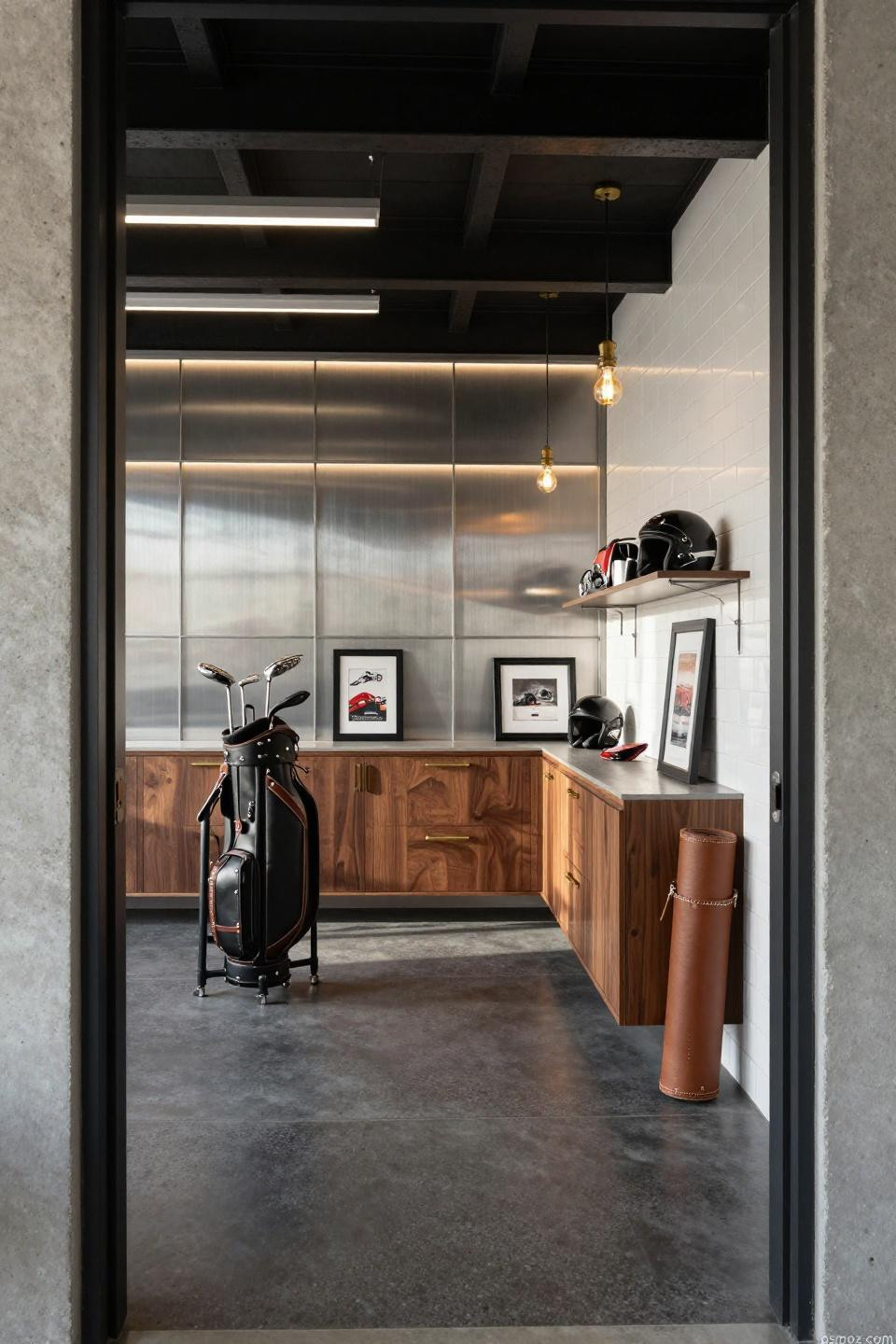 Tool storage ideas featuring museum-quality golf bag rack in blackened steel