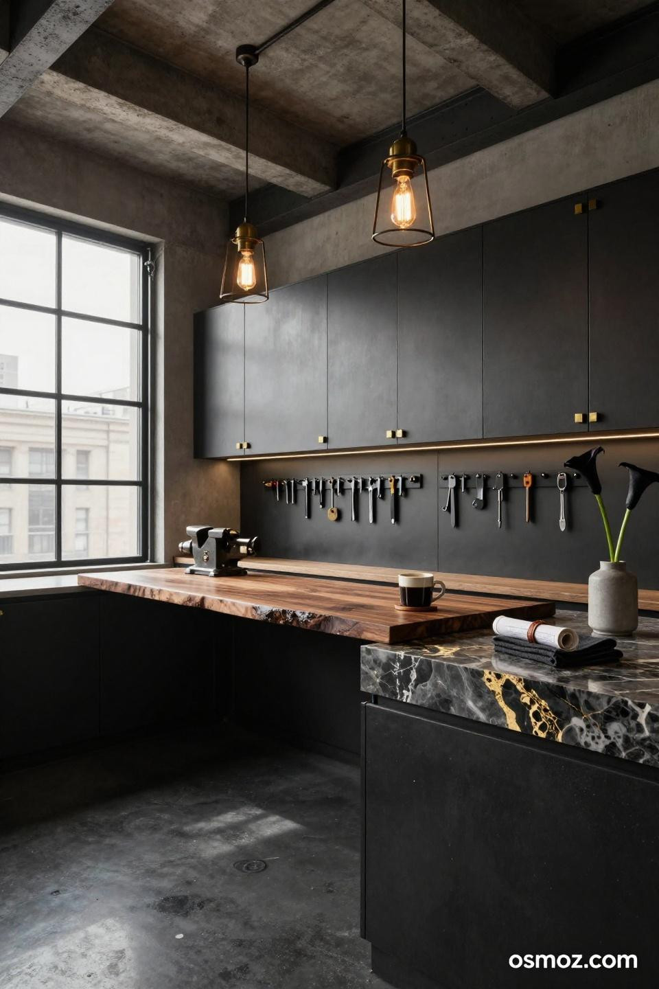Garage storage inspiration featuring wall-mounted fold-down walnut workbench