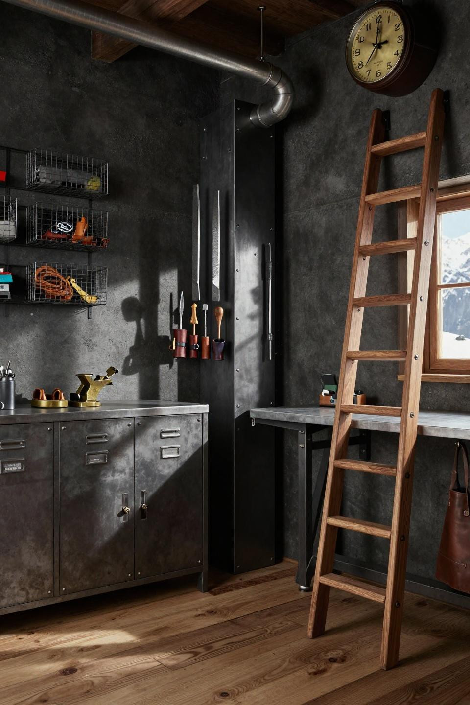 Garage makeover with blackened steel french cleat and walnut ladder storage