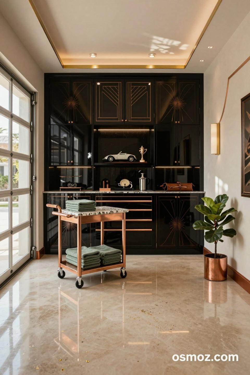 Garage tool organization featuring high-gloss black cabinets with copper Art Deco details
