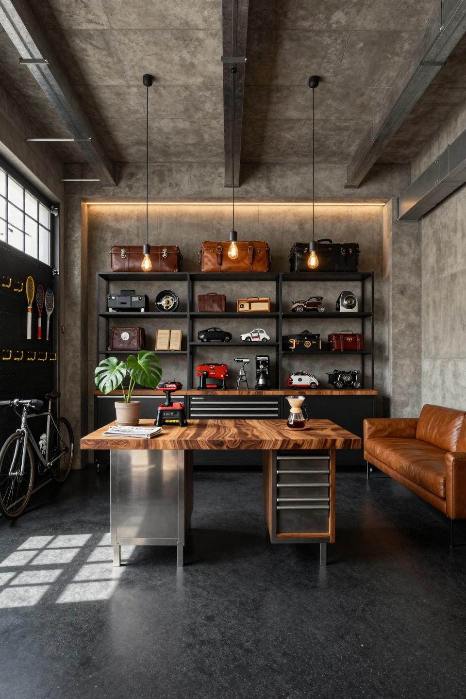 Small garage organization ideas with floor-to-ceiling Vitsœ 606 system