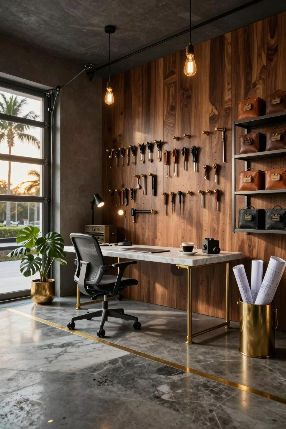 Small garage storage featuring Calacatta marble workbench and brass tool hooks