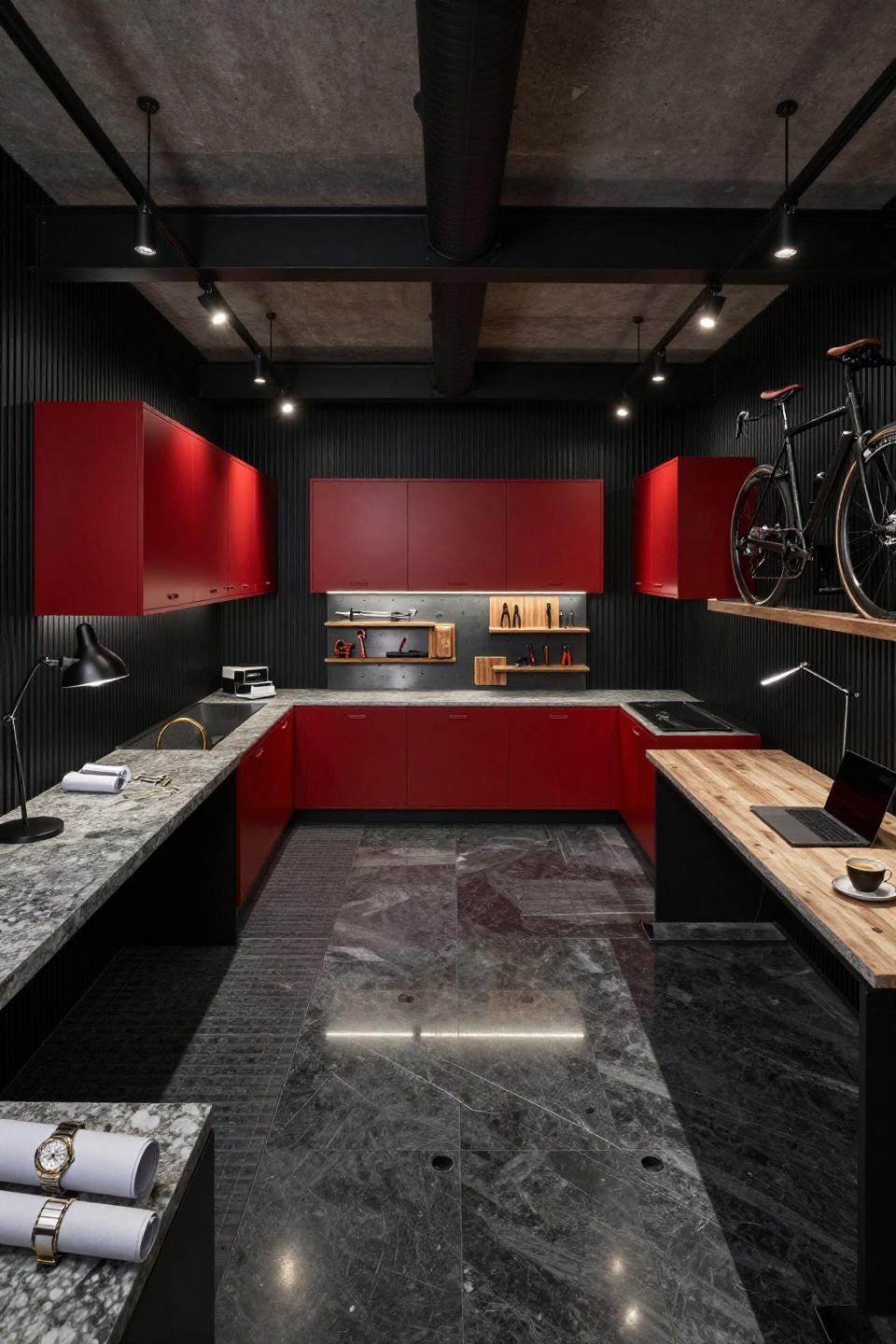 Two car garage organization with blackened iron slatwall and crimson modular cabinets