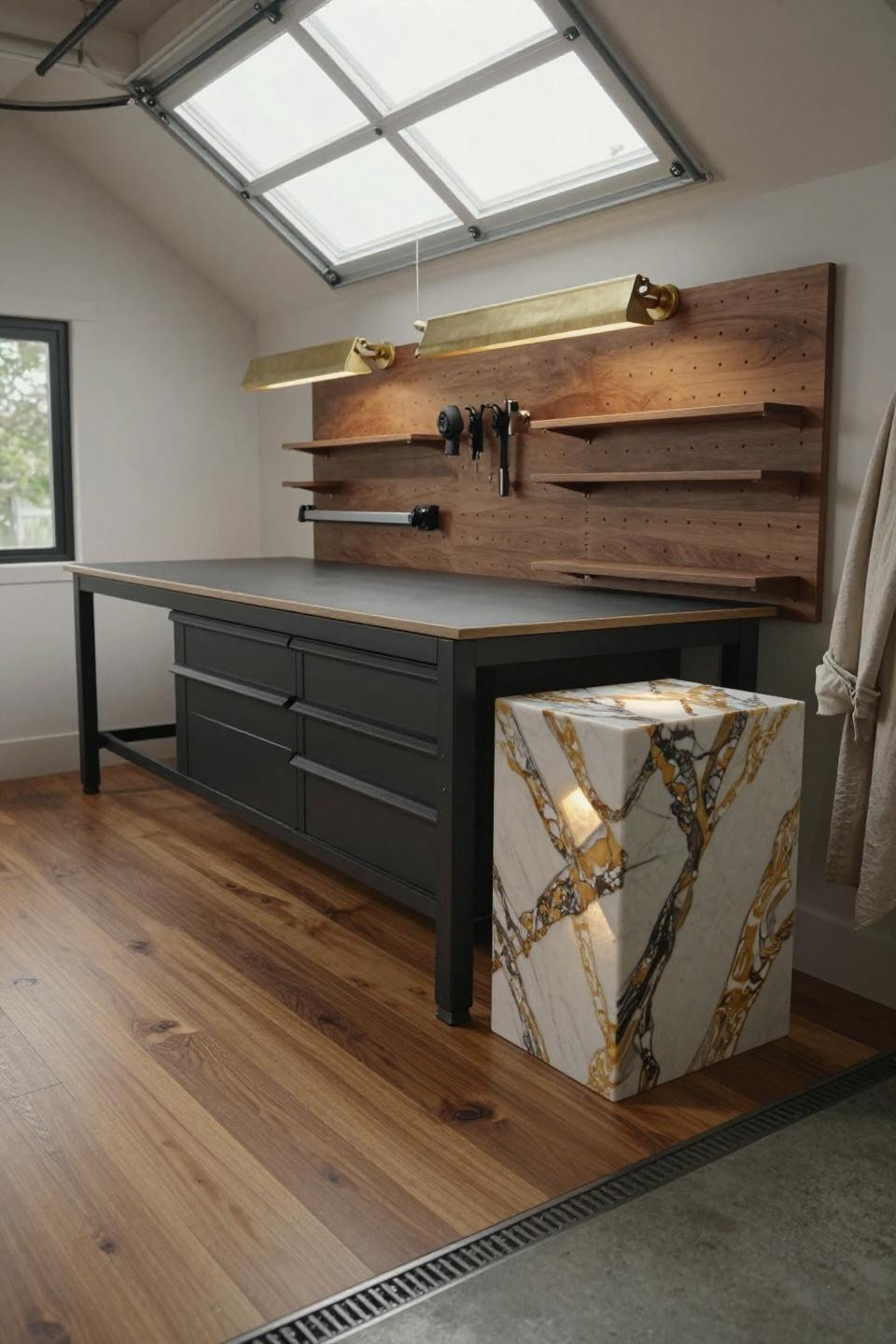Garage workshop plans featuring matte black steel workbench with book-matched Calacatta marble side table