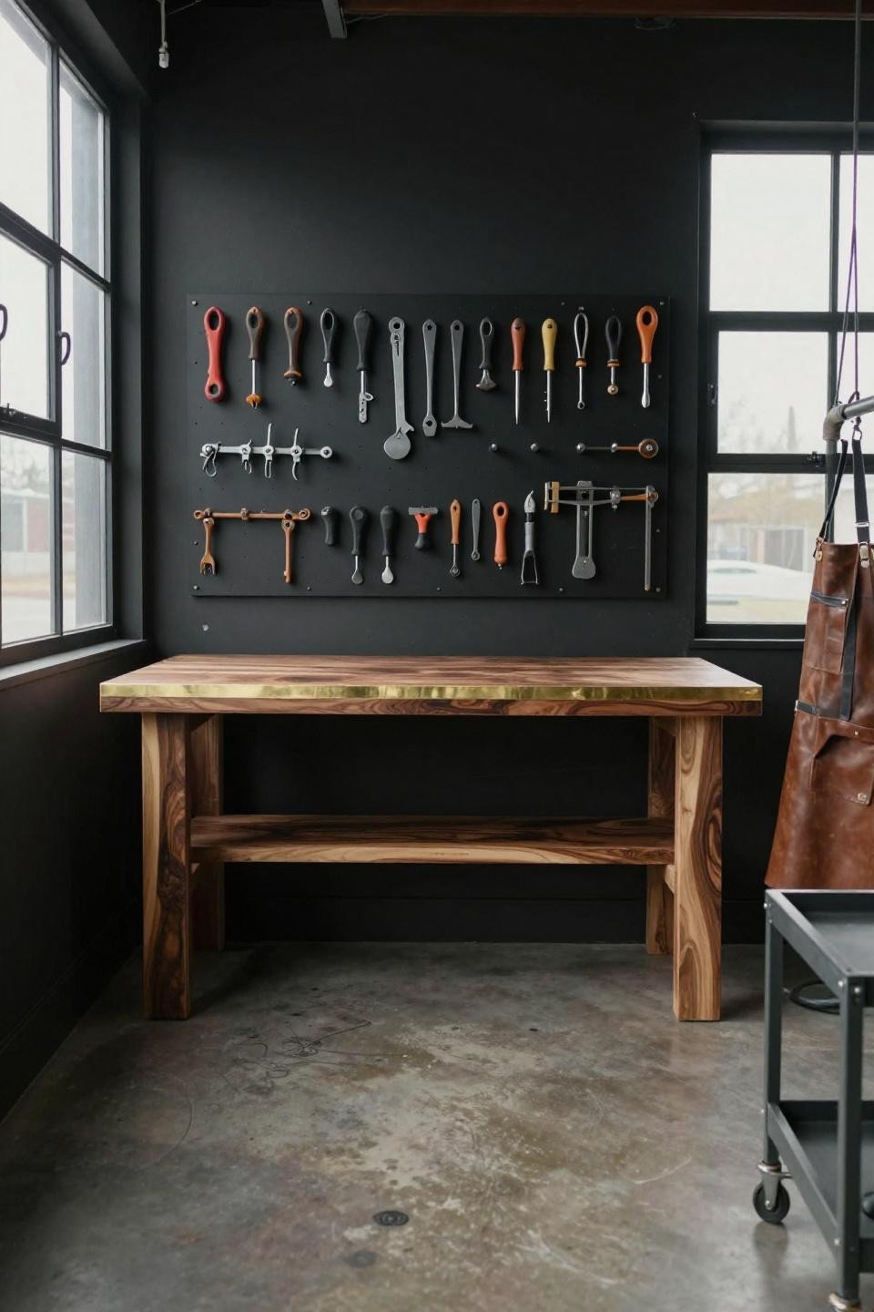 Tool shop organization with matte black pegboard and reclaimed walnut workbench featuring brass inlay strips