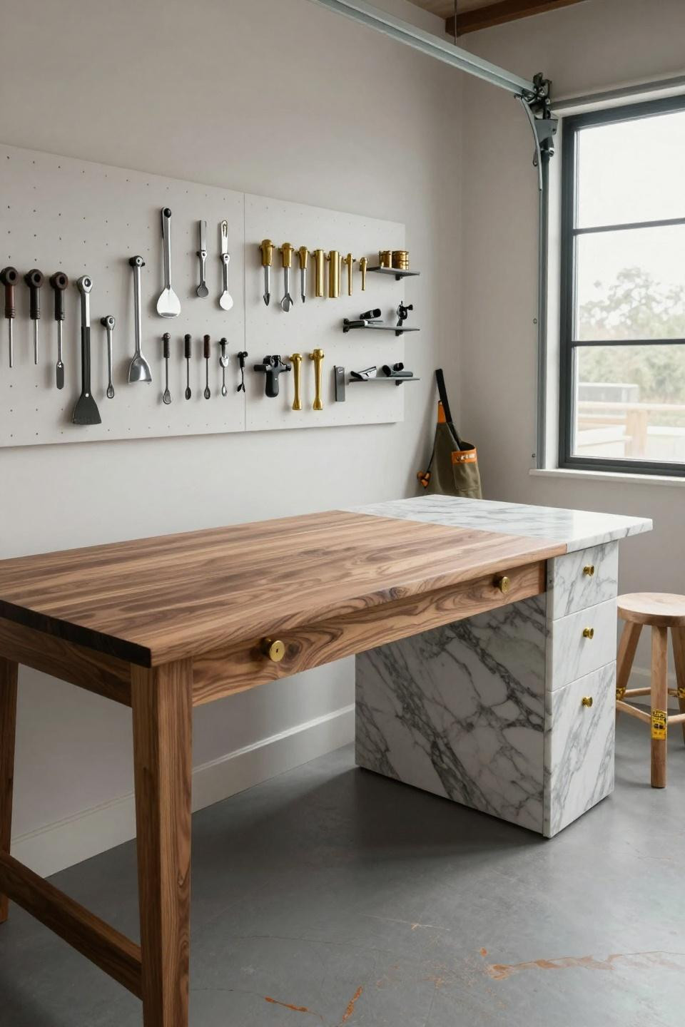 Small garage workshop featuring Calacatta Gold marble storage island with graduated tool pegboard system