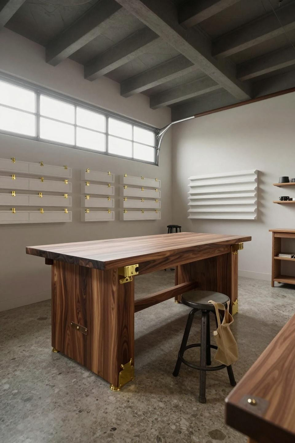 Garage shop plans featuring white oak tool organizers with brass clips creating vertical storage rhythm
