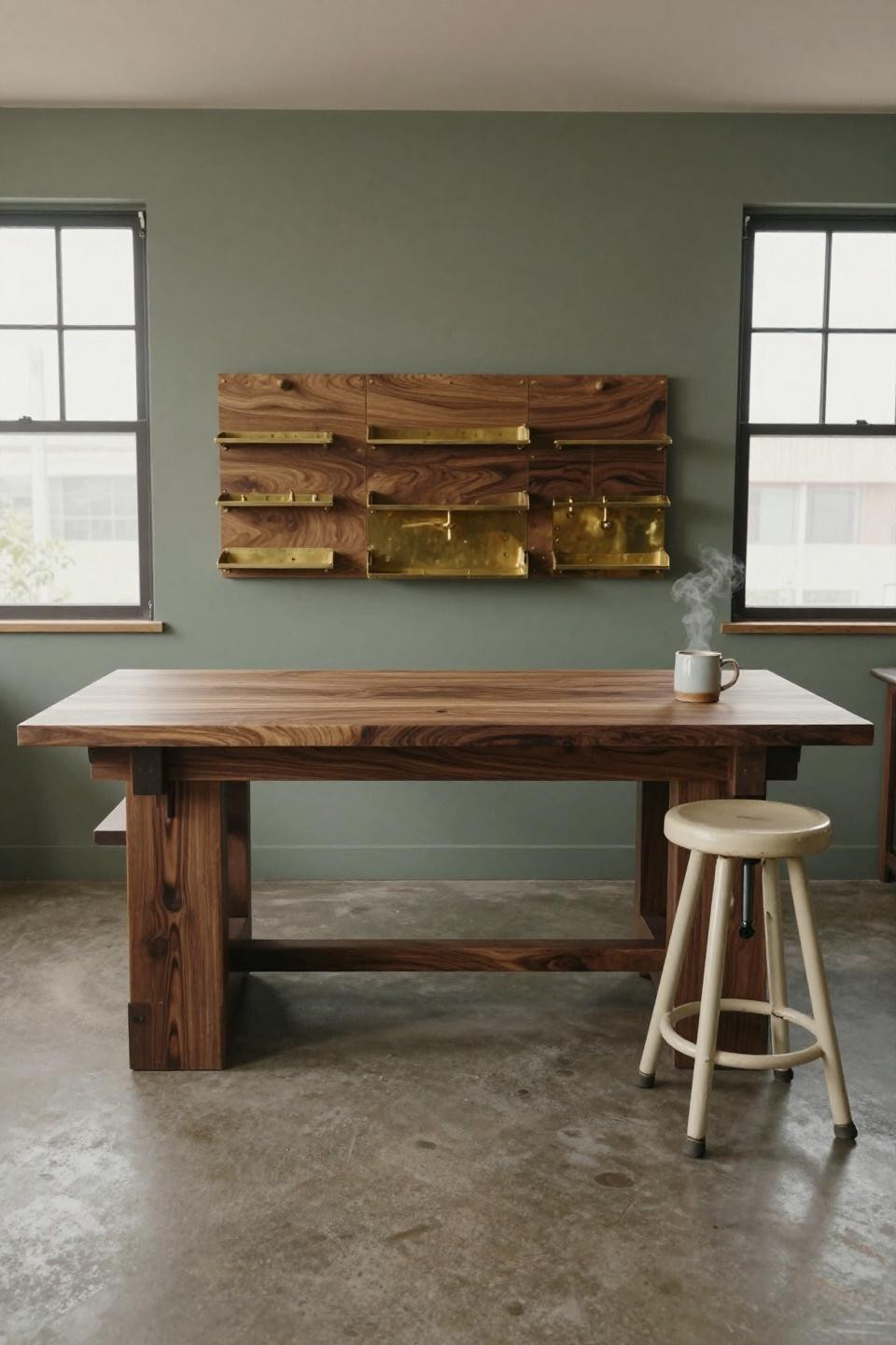 Home workshop ideas with massive book-matched walnut workbench against sage green walls and brass organizers
