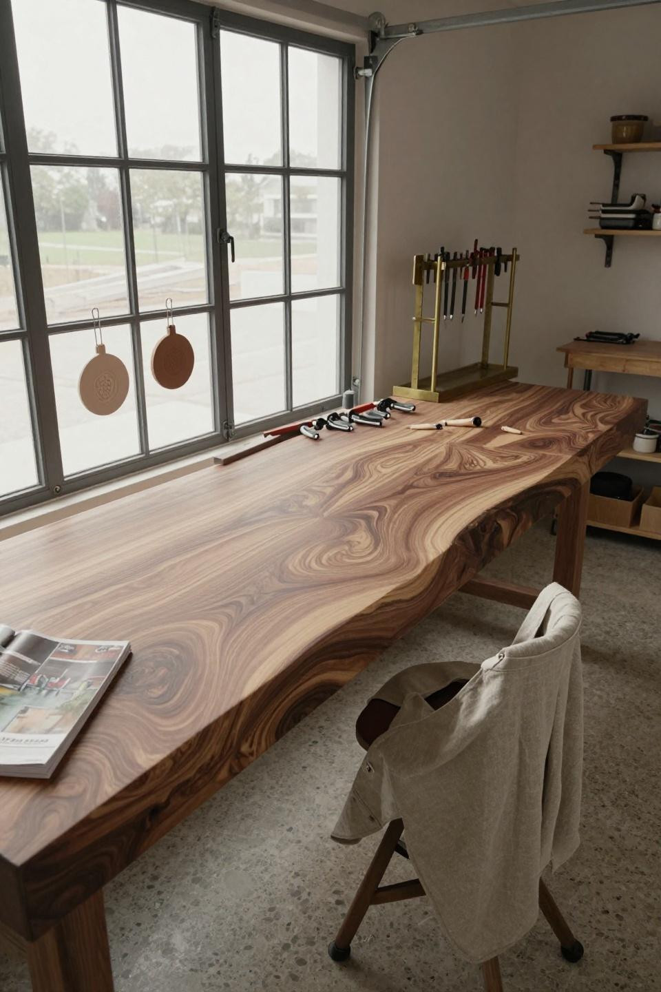 Garage workbench ideas featuring full-width walnut surface with natural butterfly grain pattern under factory windows