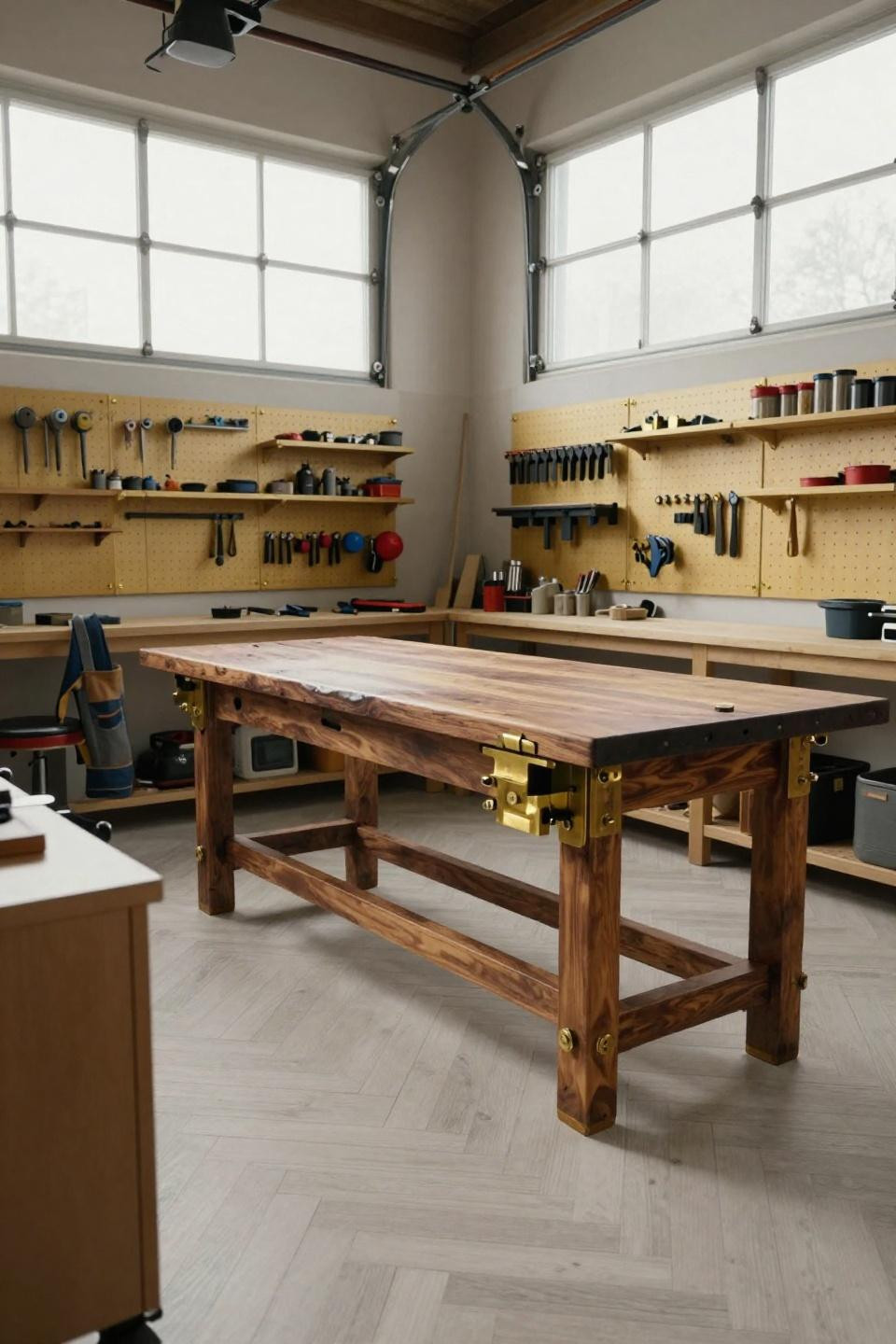 Workshop storage ideas with modular pegboard walls flanking reclaimed walnut workbench symmetrically