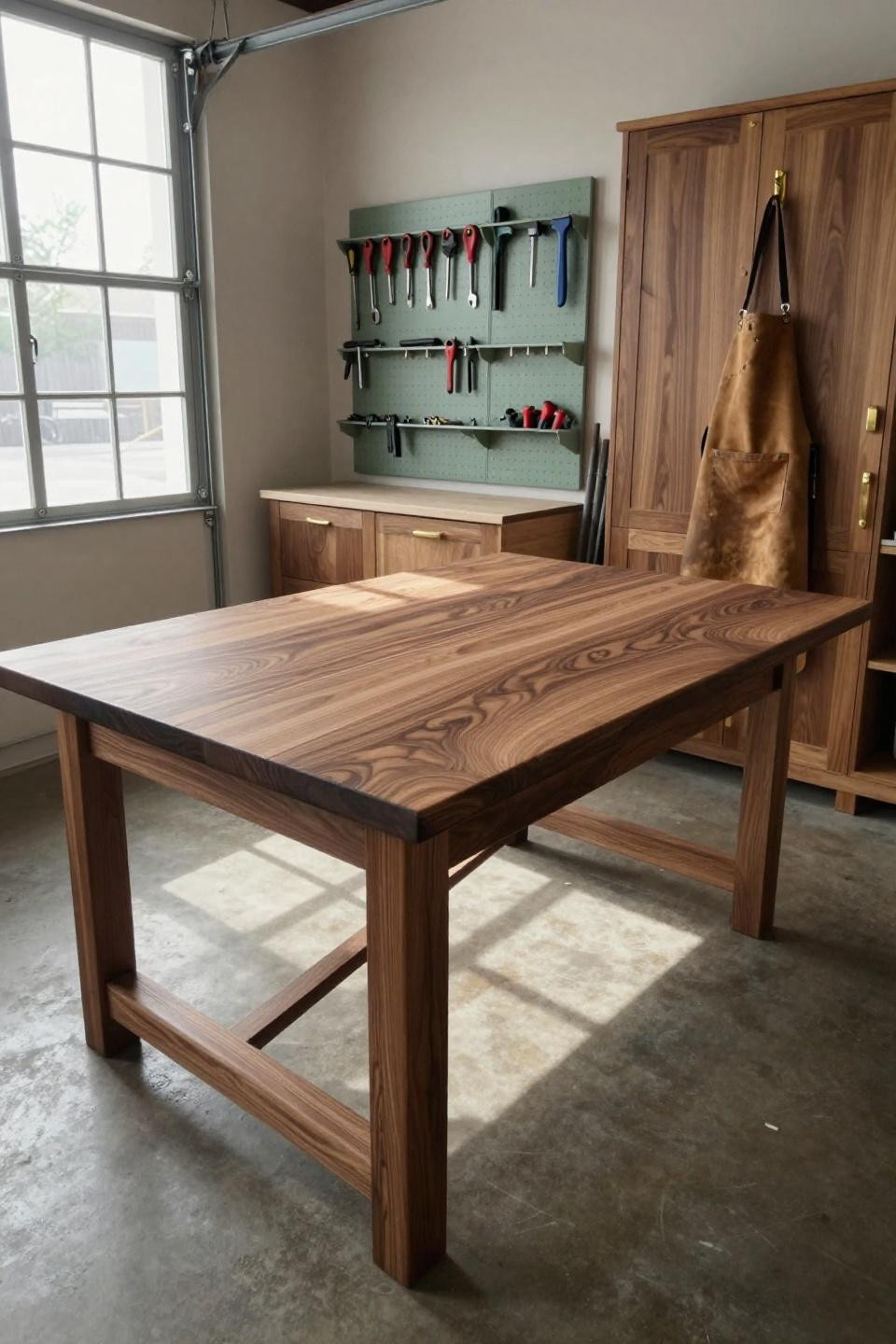 Shop ideas garage featuring expansive book-matched walnut workbench with sage green pegboard tool organization