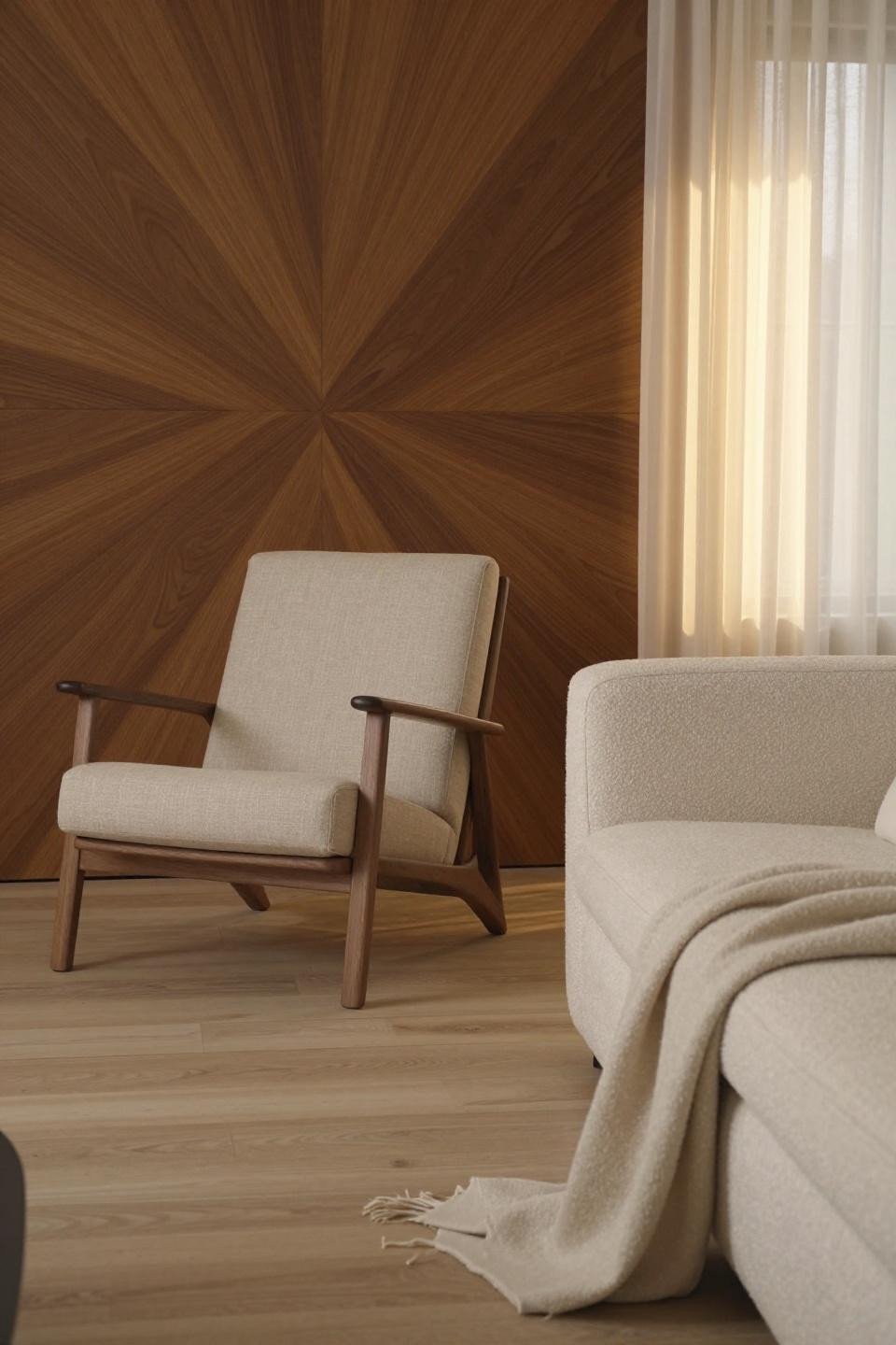 Japandi living room with walnut lounge chair and cream bouclé sofa