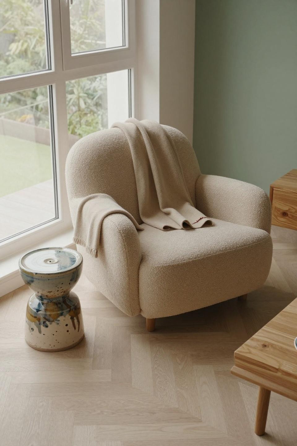 Japandi living room featuring sculptural bouclé lounge chair with ceramic side table