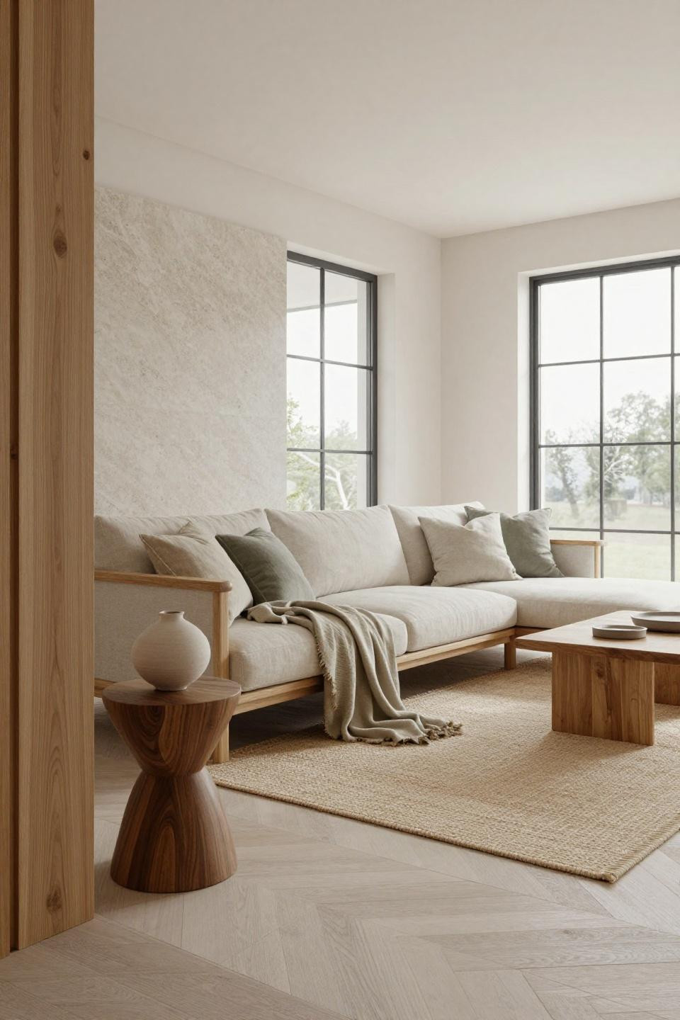 Japandi living room seating with natural oak sectional on jute rug