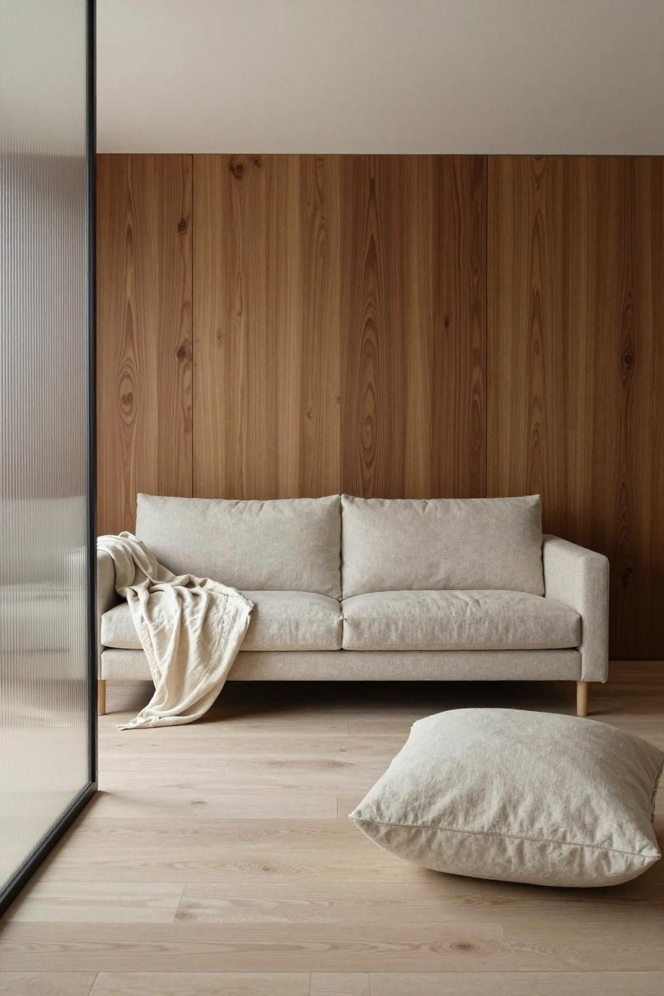 Japandi living room featuring Belgian linen sofa with symmetrical walnut paneling