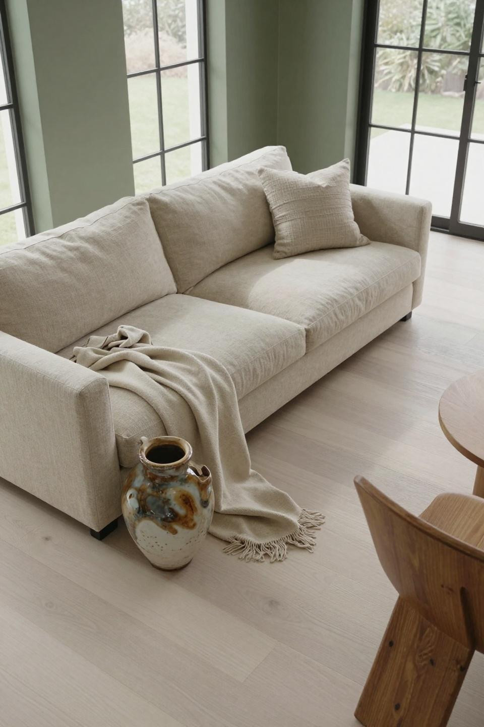 Japandi living room seating with low-slung sectional and sage green walls