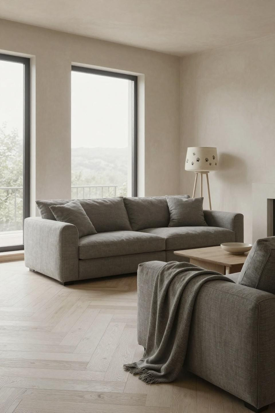 Japandi living room featuring low sculptural seating in warm grey Belgian linen