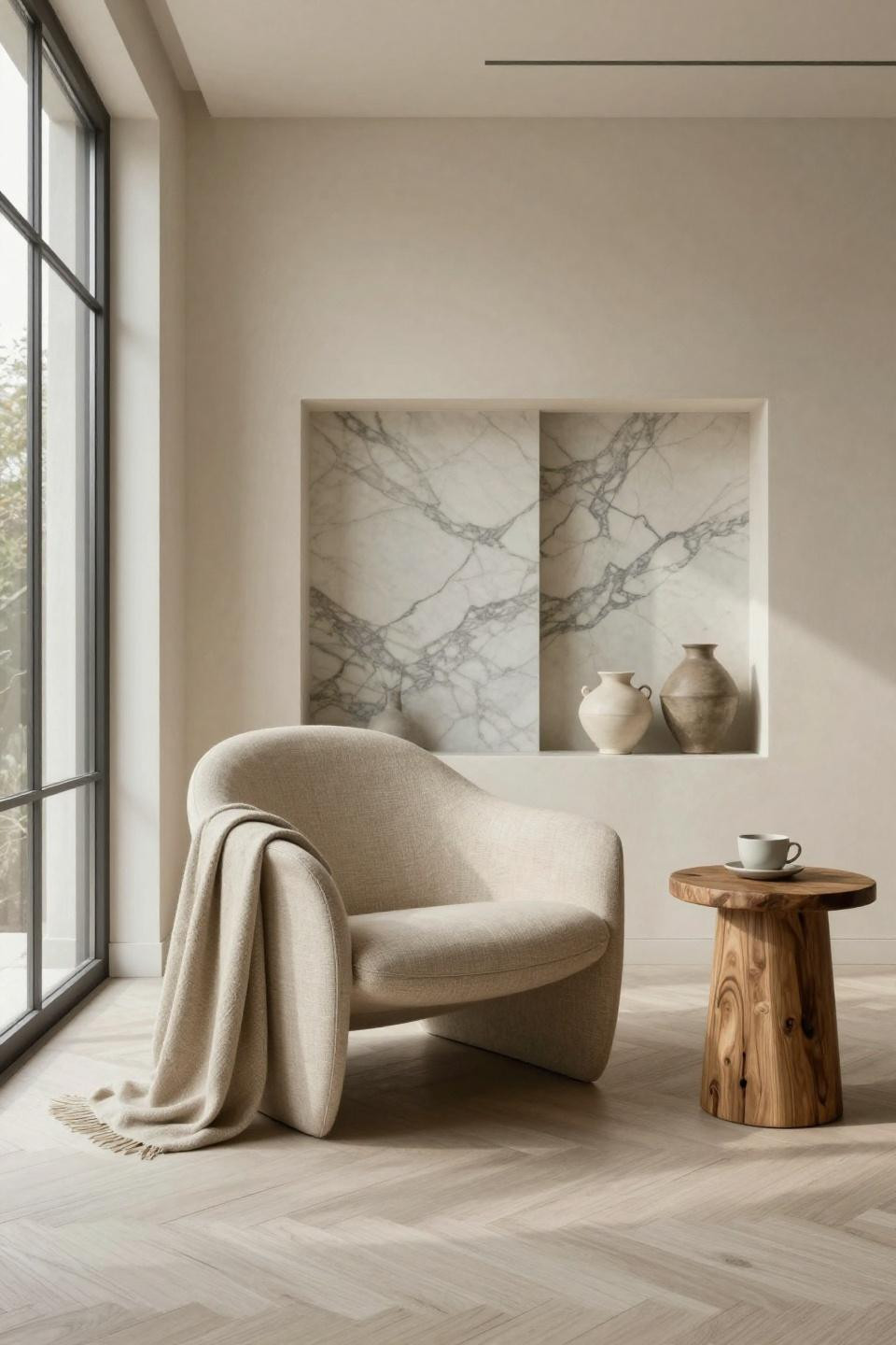 Japandi living room with curved lounge chair and book-matched Carrara marble niche