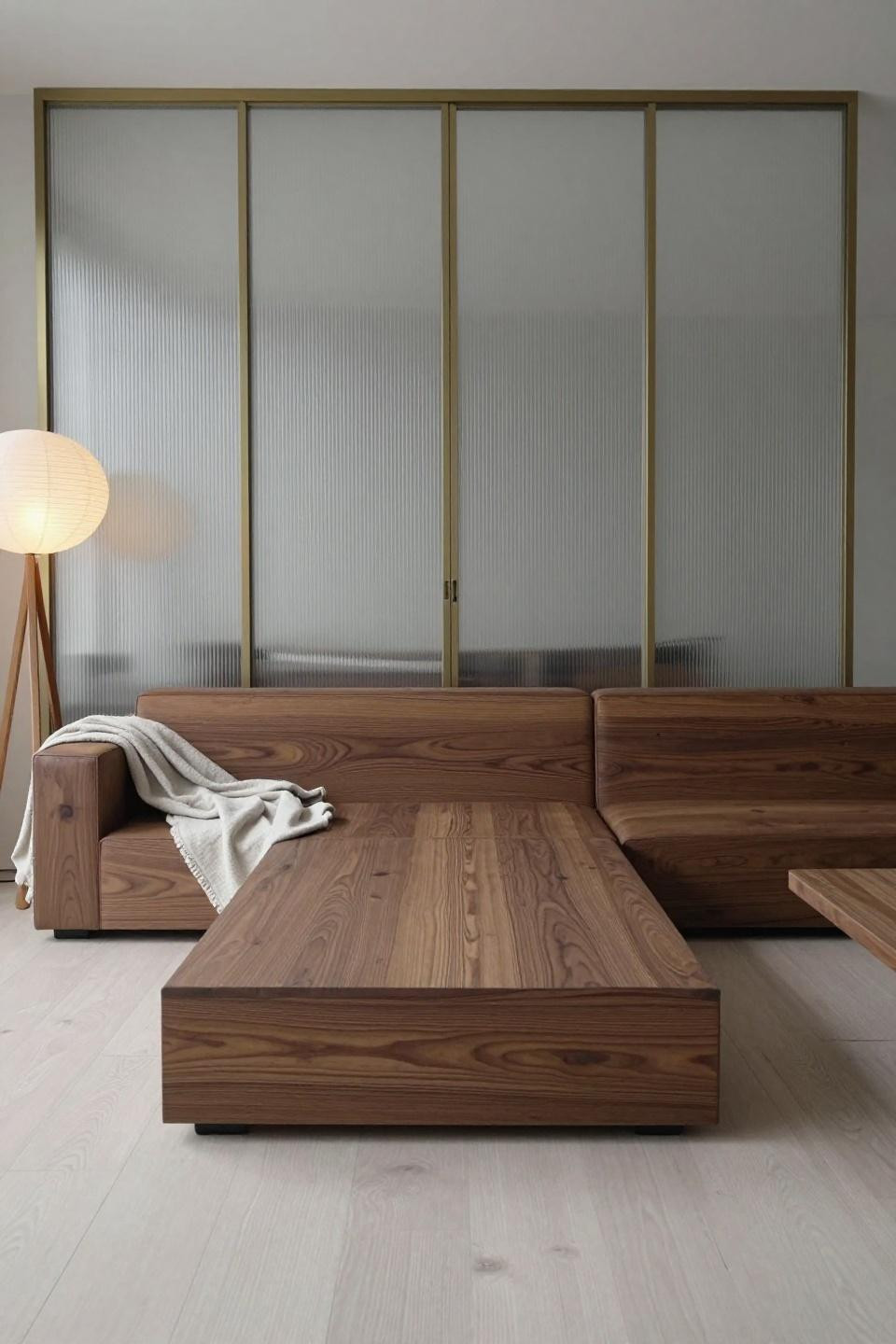 Japandi living room seating with walnut sectional and fluted glass partition