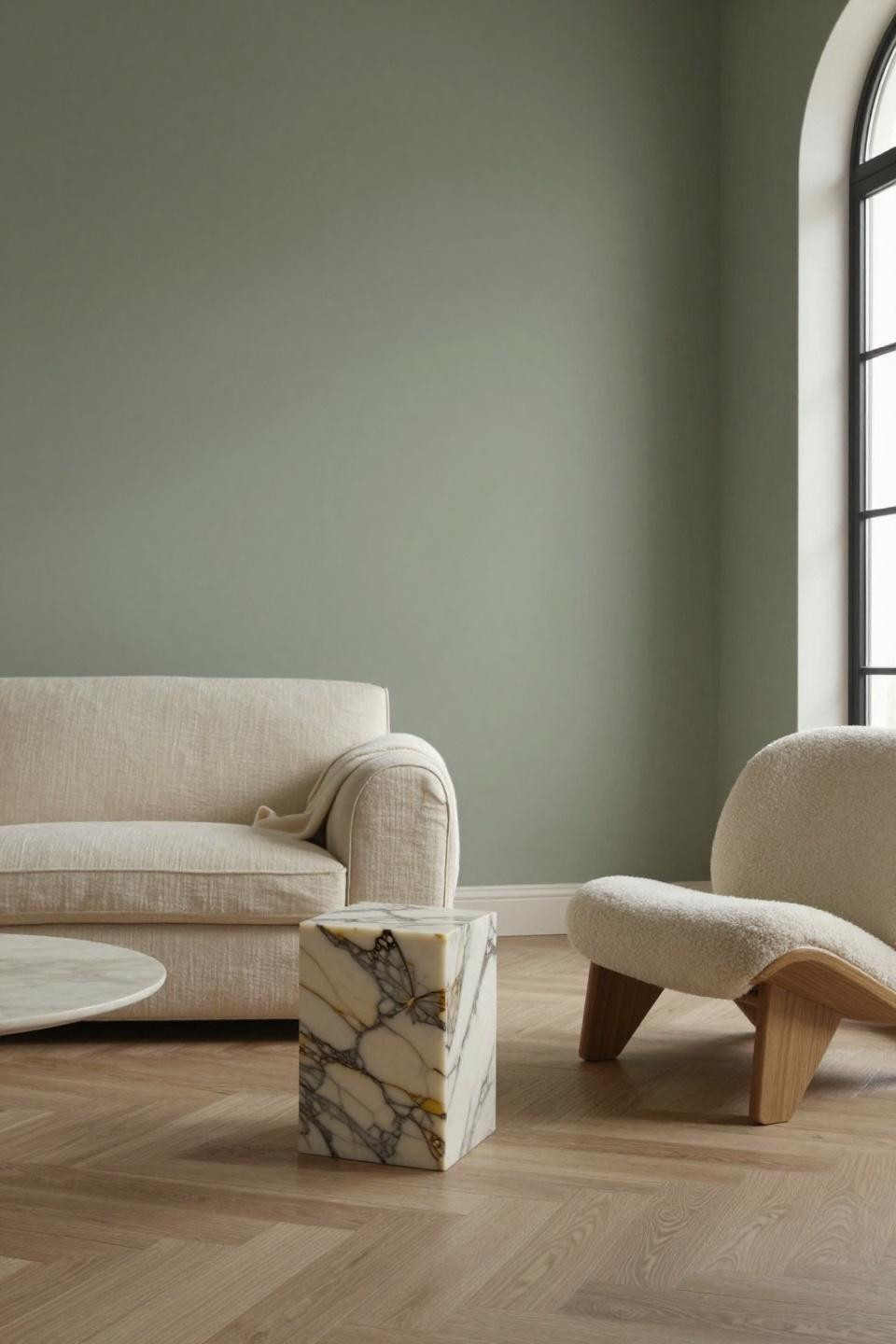 Japandi living room featuring linen sofa with Calacatta Gold marble side table