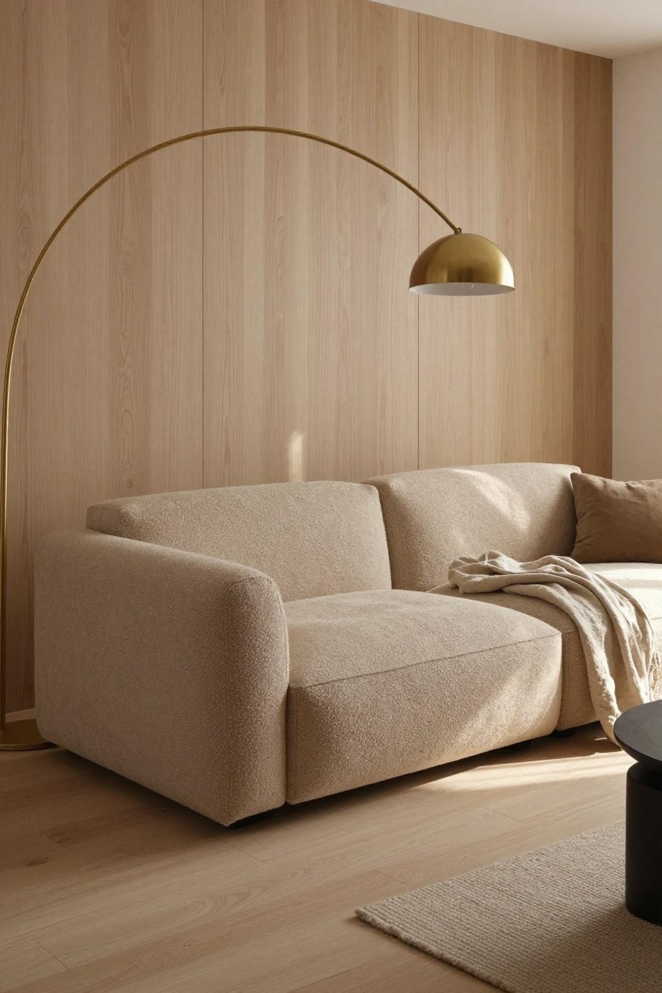 Japandi living room with sculptural bouclé sofa and brass arc floor lamp