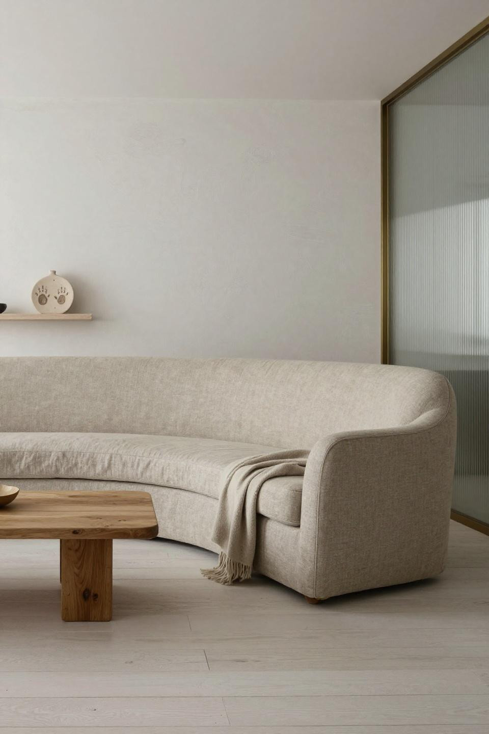 Japandi living room seating with natural linen sofa and Venetian plaster walls