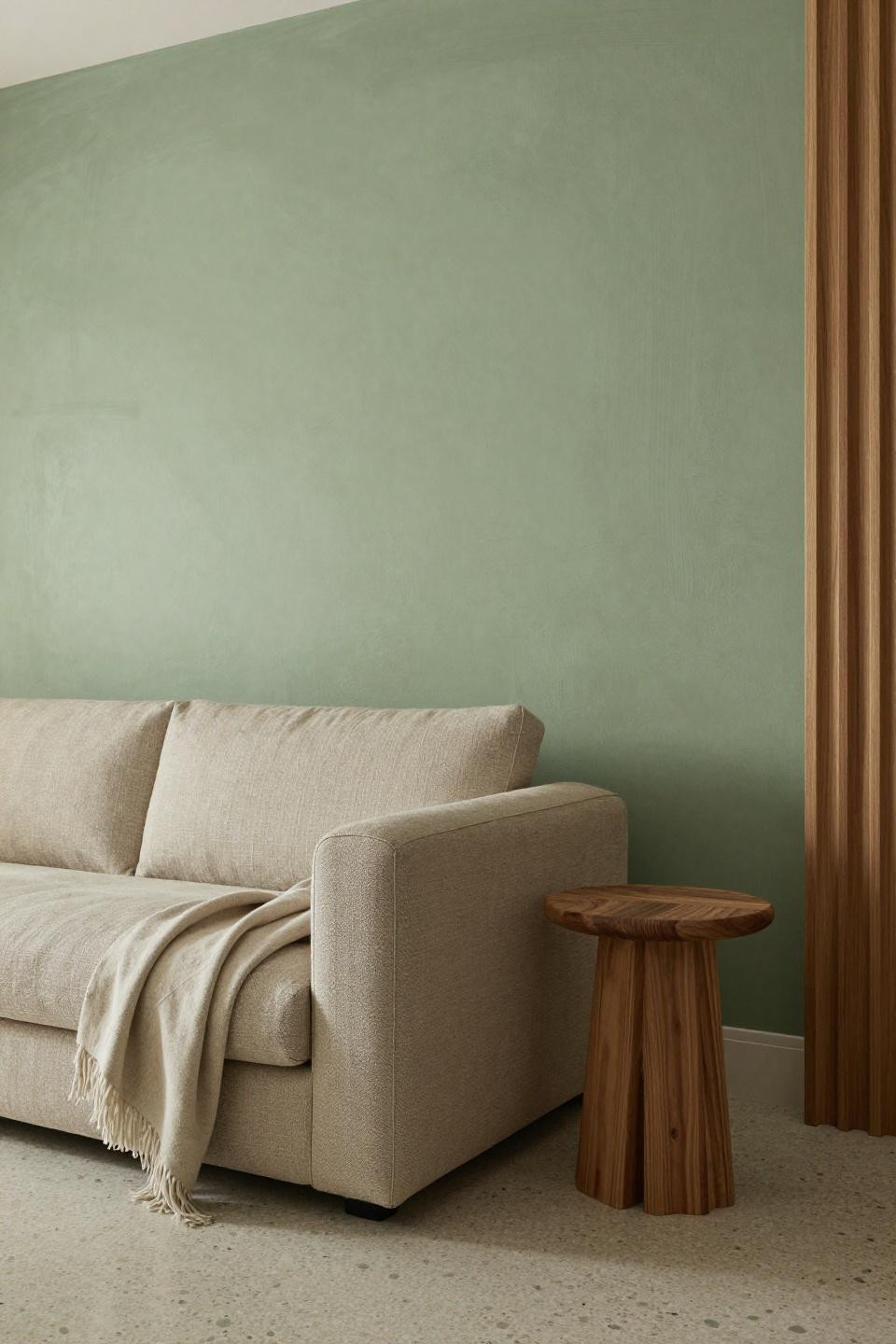 Living room lounge with Belgian linen sofa and hand-applied lime wash walls