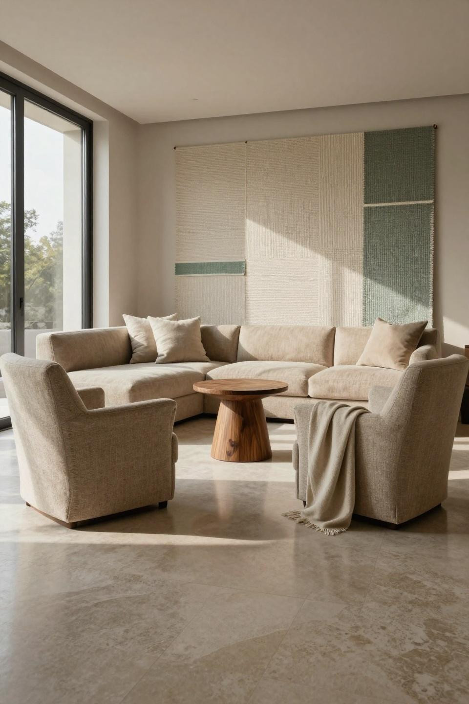Home living room with three-piece seating arrangement in oatmeal bouclé