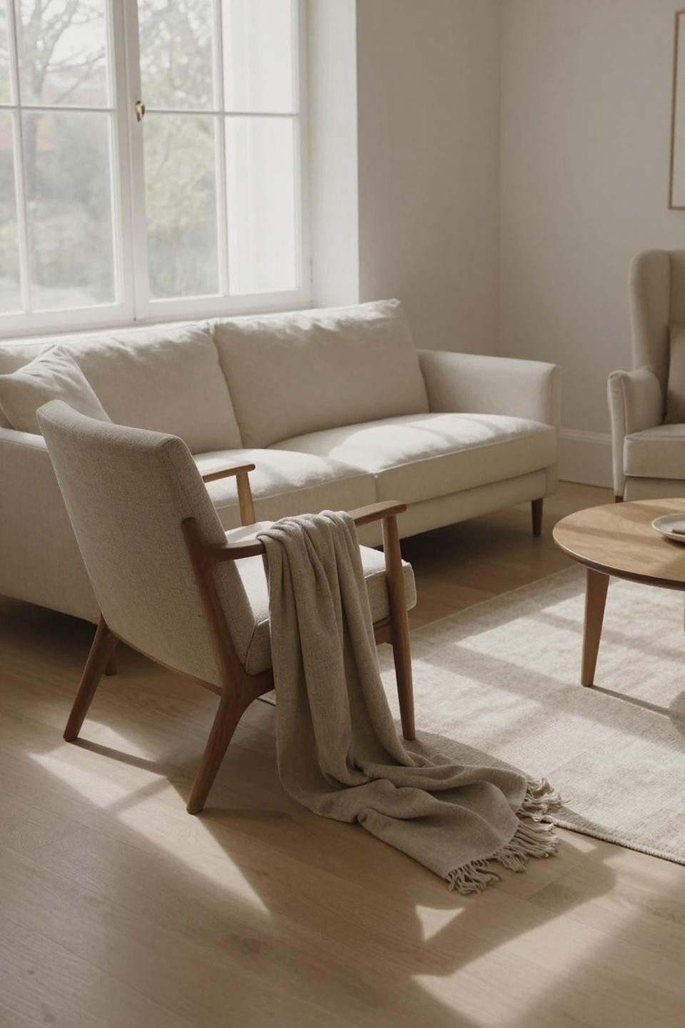 Scandinavian living room with walnut-frame chairs and low-slung cream bouclé sofa