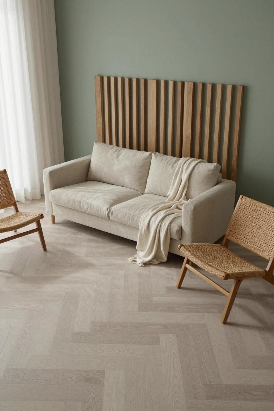 Japandi interiors featuring natural linen sofa flanked by hand-woven rattan lounge chairs