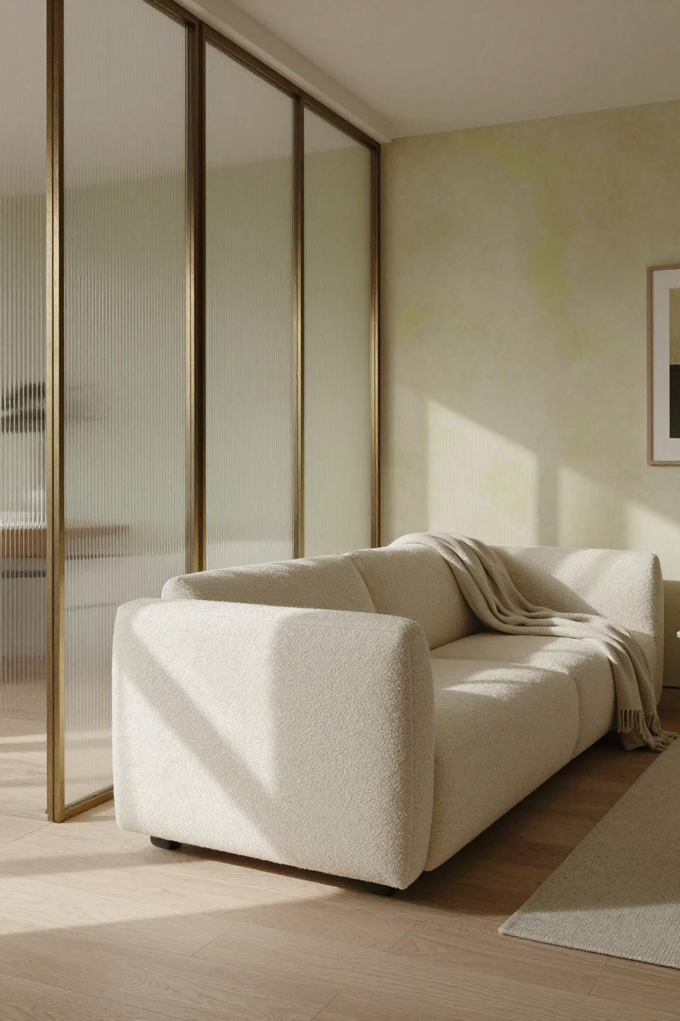 Sofa seating ideas with cream bouclé sofa and floor-to-ceiling fluted glass partition