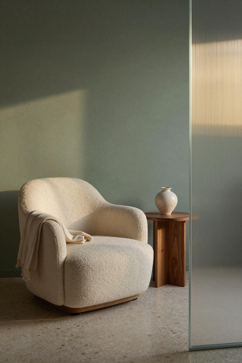 Small sitting room inspiration with cream bouclé armchair and Venetian plaster walls