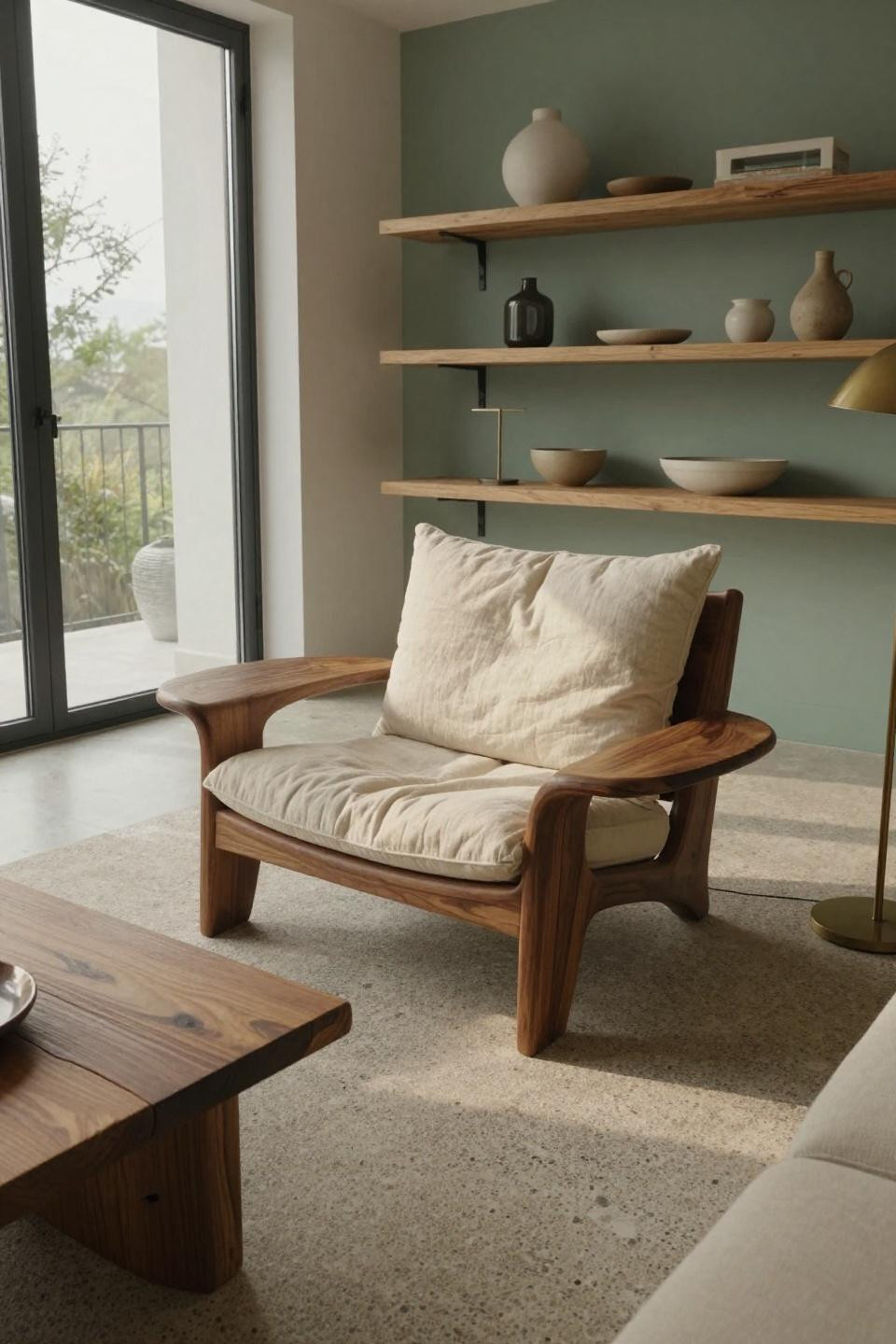 Sitting room ideas featuring book-matched walnut lounge chair with Belgian linen cushions
