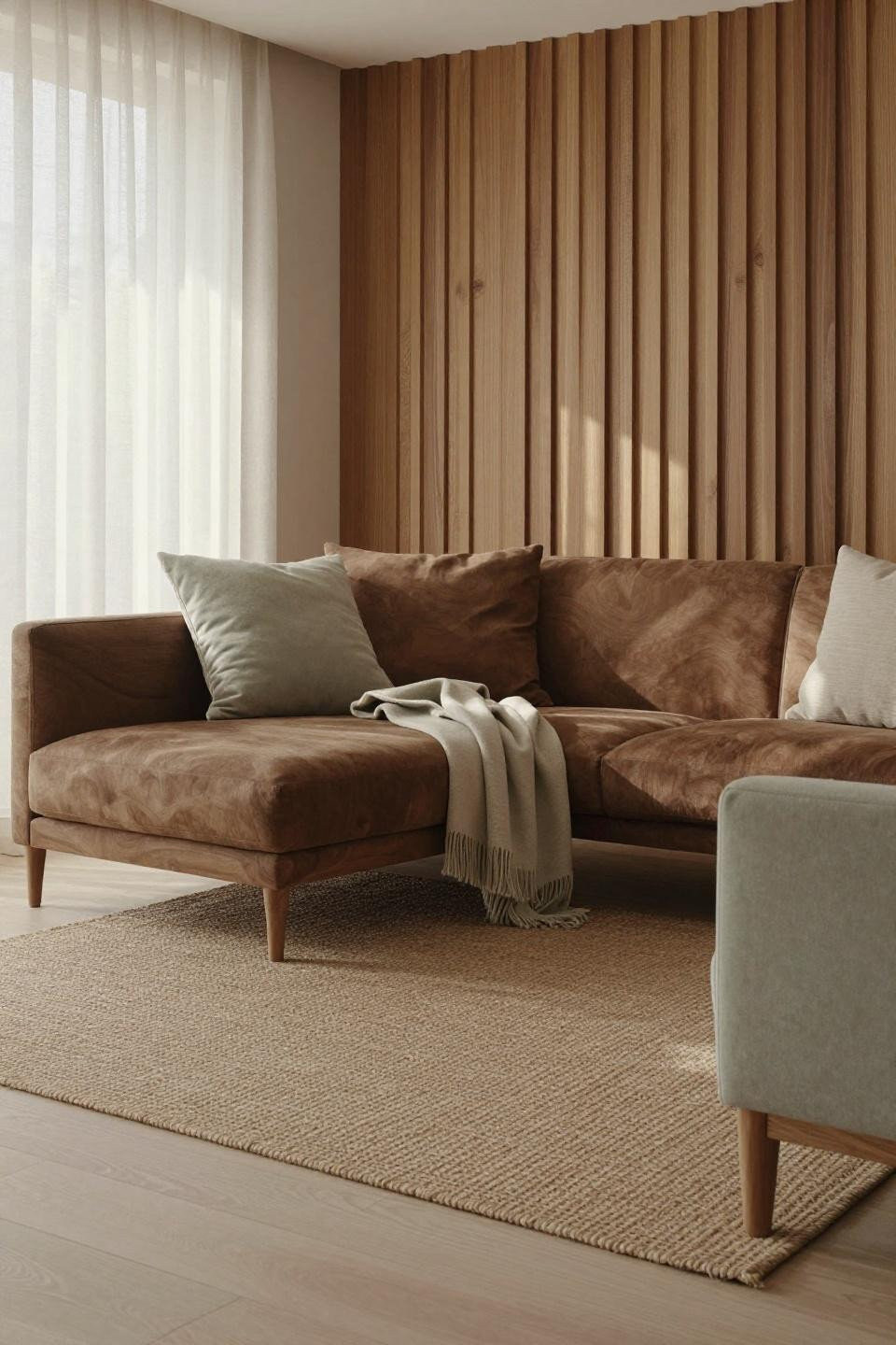 Japandi living room seating with sculptural walnut sectional and white oak flooring