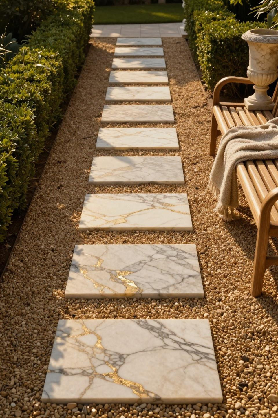 Garden paths and walkways featuring Calacatta Gold marble stepping stones spaced at walking intervals on warm honey gravel