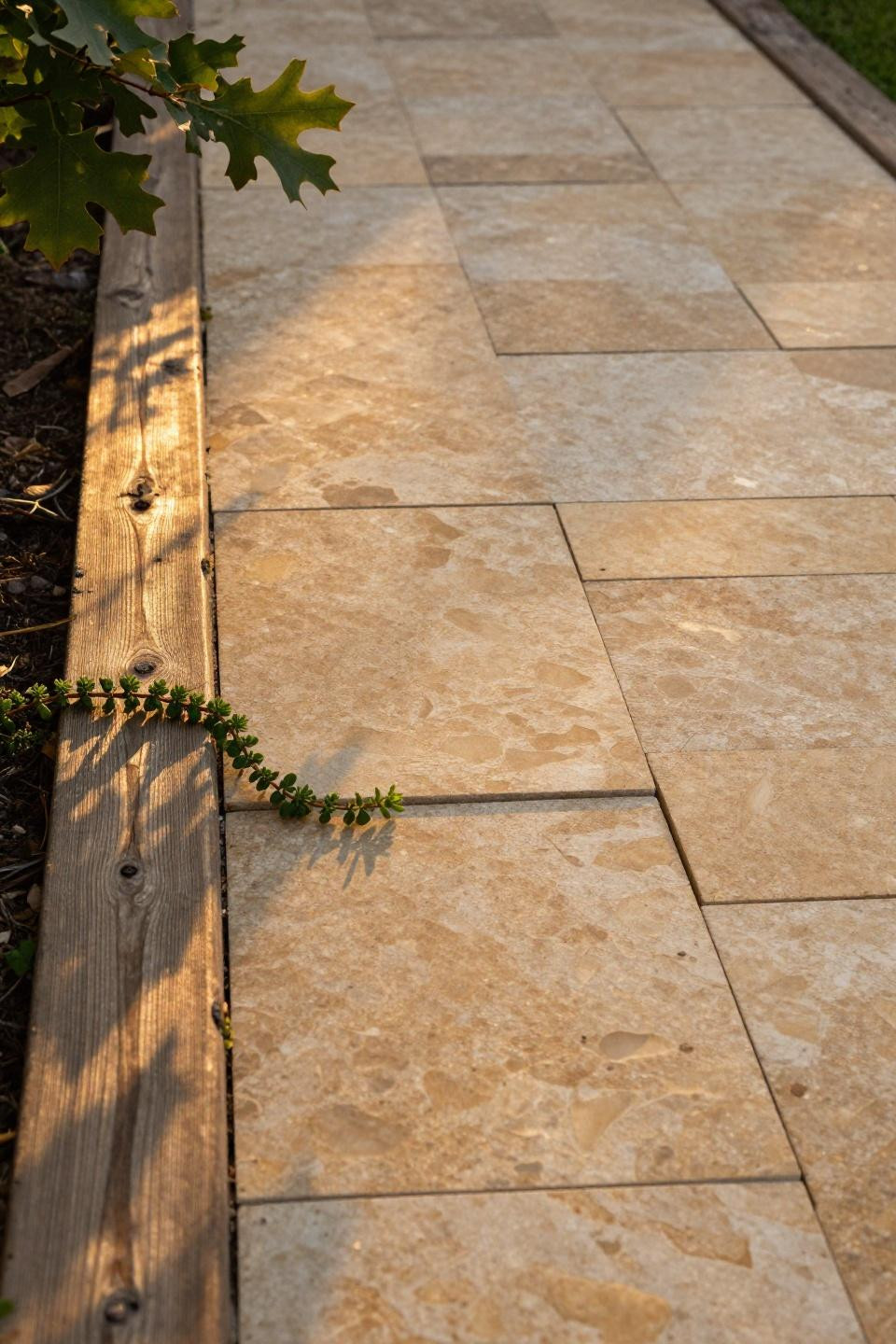 Garden paths and walkways with filled travertine pavers in running-bond pattern bordered by reclaimed oak timber showing natural weathering