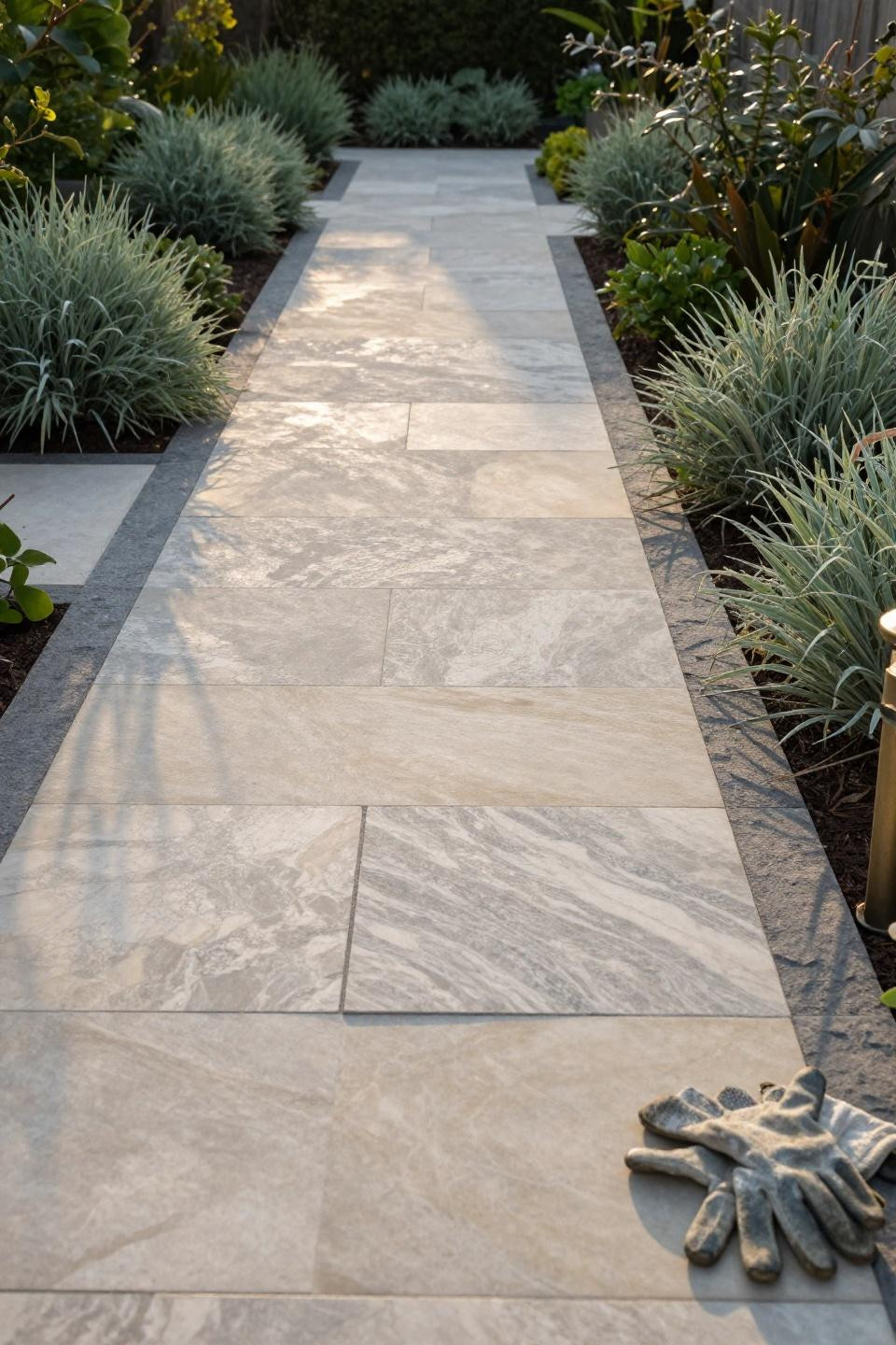 Garden paths and walkways featuring Italian limestone pavers with natural veining and unfilled travertine edges creating architectural shadow lines