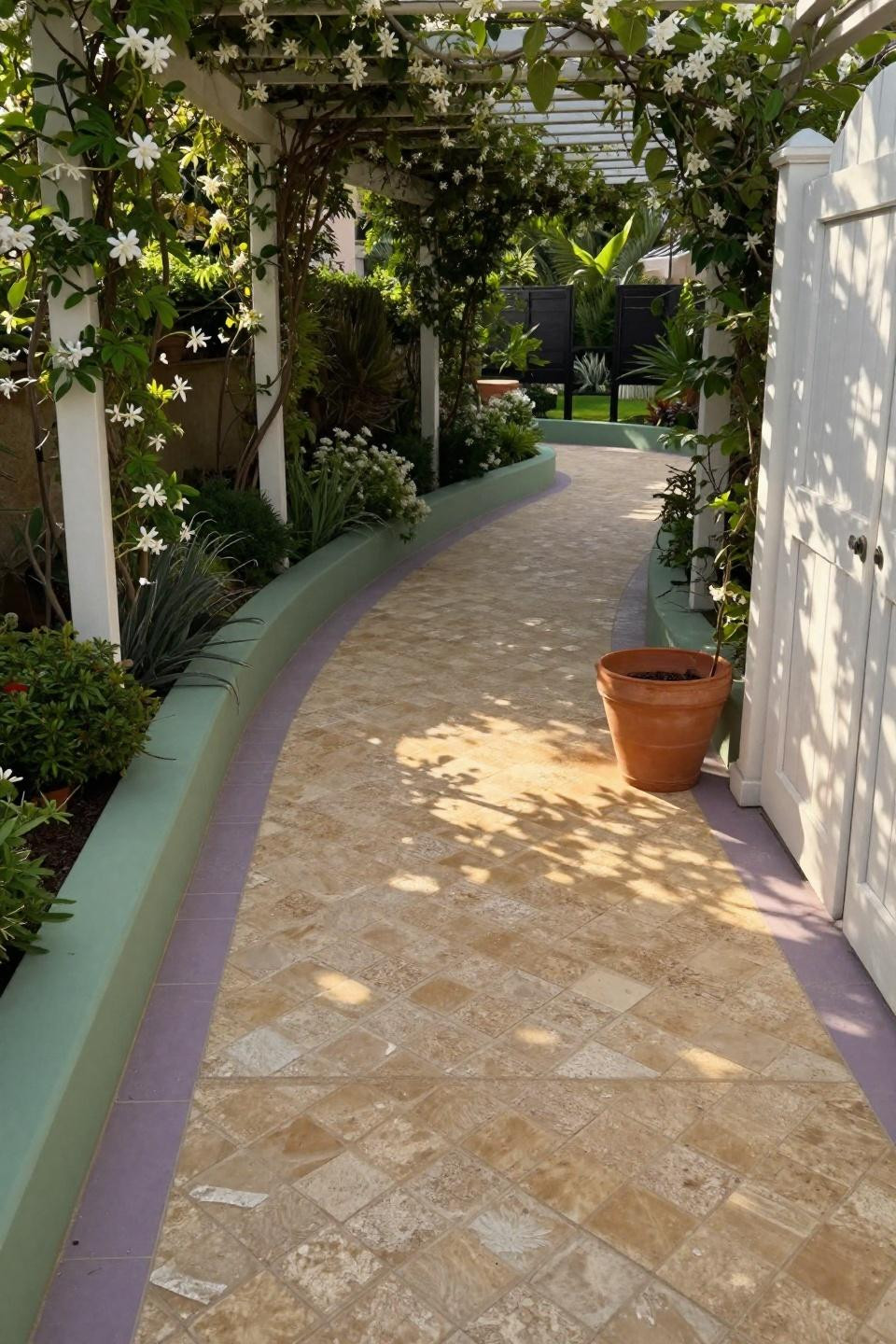 Garden paths and walkways with weathered travertine herringbone pattern beneath jasmine-draped pergola casting dappled shadows