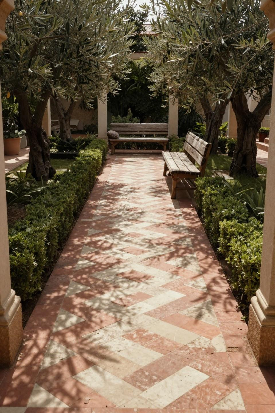 Garden paths and walkways featuring hand-laid Zellige tile creating zigzag pattern with terracotta and cream tiles