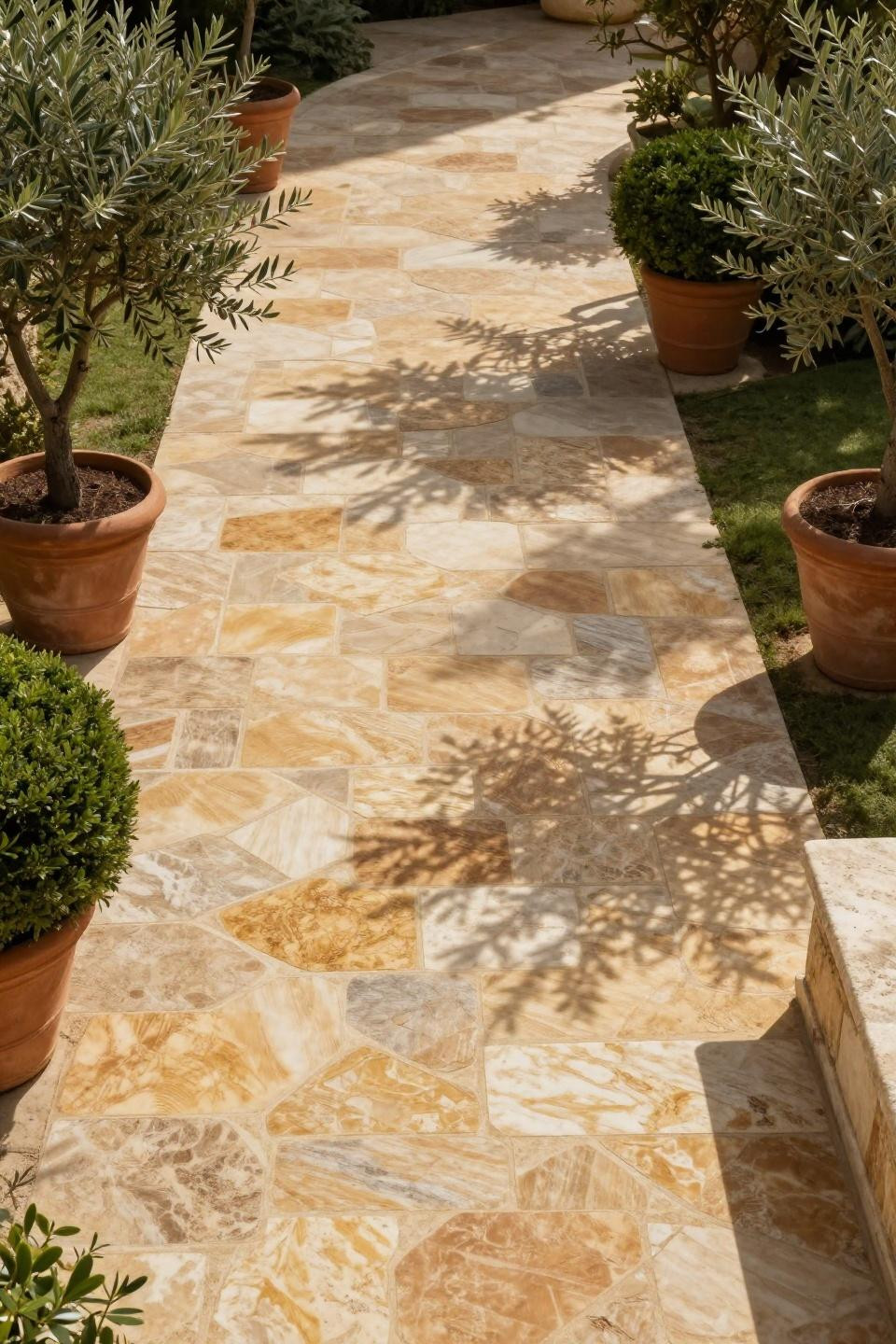 Garden paths and walkways overhead view showing book-matched veining creating butterfly pattern in honey-toned travertine pavers