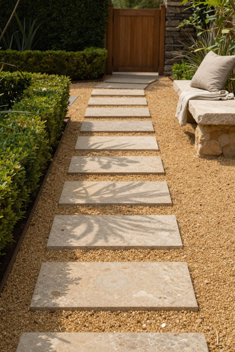 Garden paths and walkways with honey-colored gravel bordered by boxwood hedges and tumbled travertine stepping stones