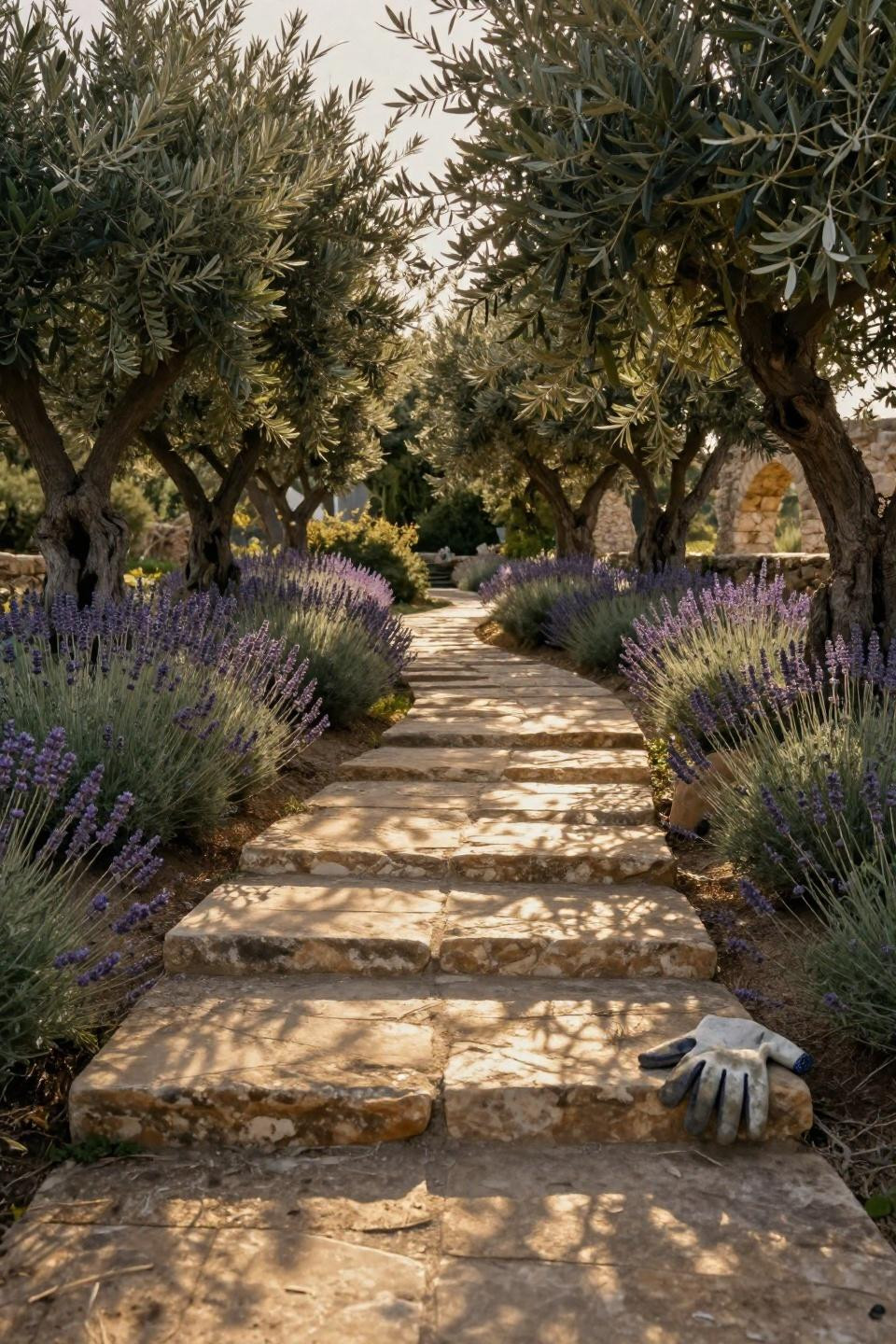Garden paths and walkways featuring weathered travertine stepping stones with lavender and rosemary borders creating dappled shadows