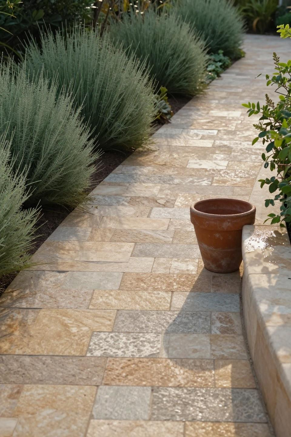 Garden paths and walkways with hand-laid travertine pavers showing subtle color gradation from warm to cool tones