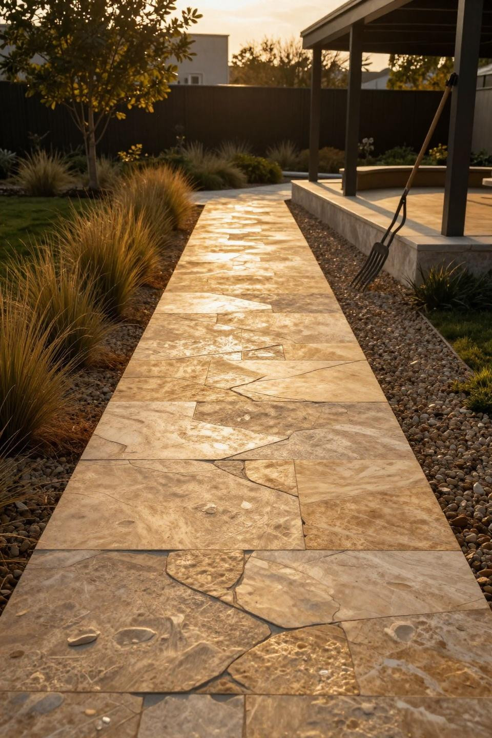 Garden paths and walkways featuring large irregular travertine pavers with organic fissure patterns bordered by warm gravel