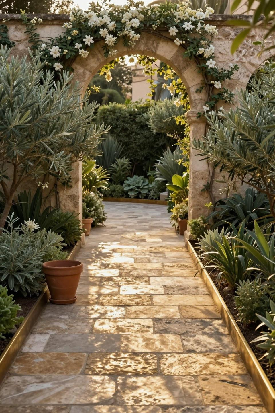 Garden paths and walkways with hand-laid unfilled travertine in golden tones under climbing jasmine archway