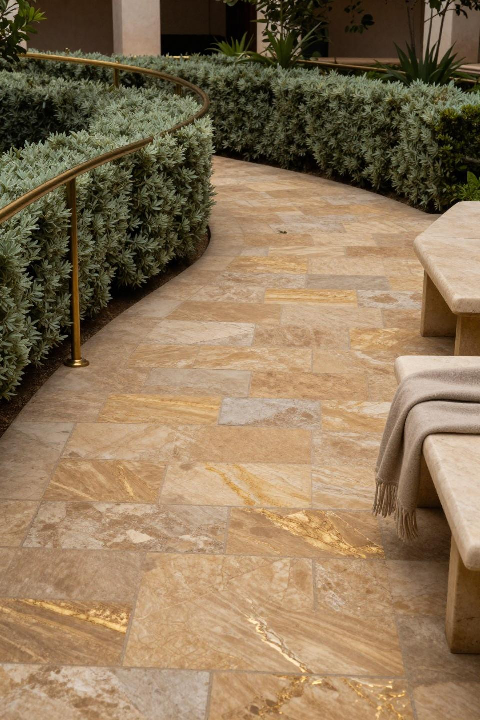 Garden path ideas featuring tumbled travertine pavers with book-matched golden veining and unlacquered brass handrail