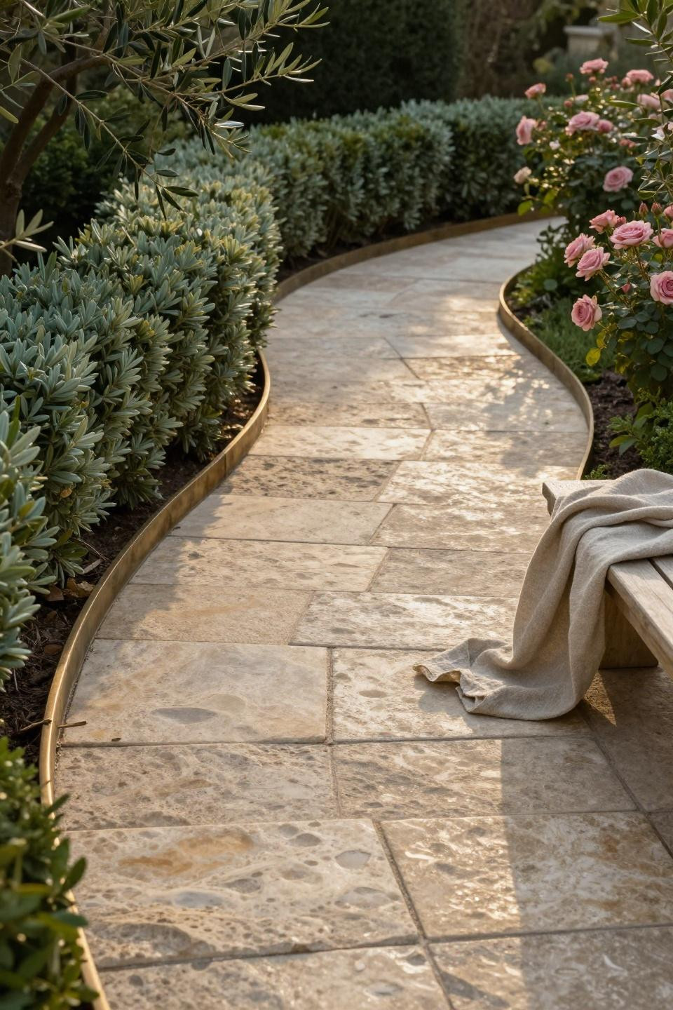 Cheap walkway ideas DIY with hand-laid unfilled travertine pavers curving through sage boxwood hedges