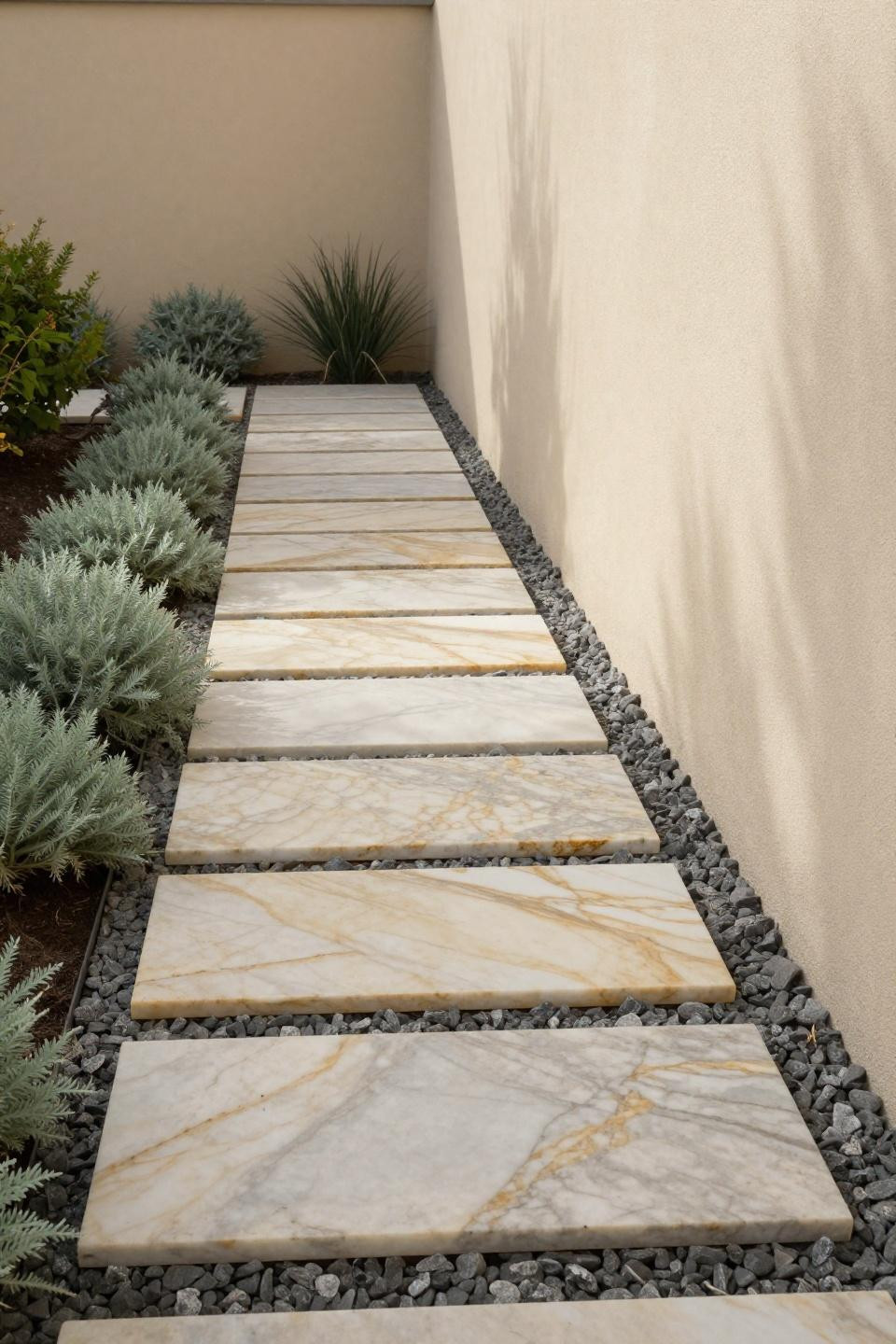 Backyard walkway ideas featuring staggered Calacatta Gold marble pavers with natural amber veining on crushed limestone base